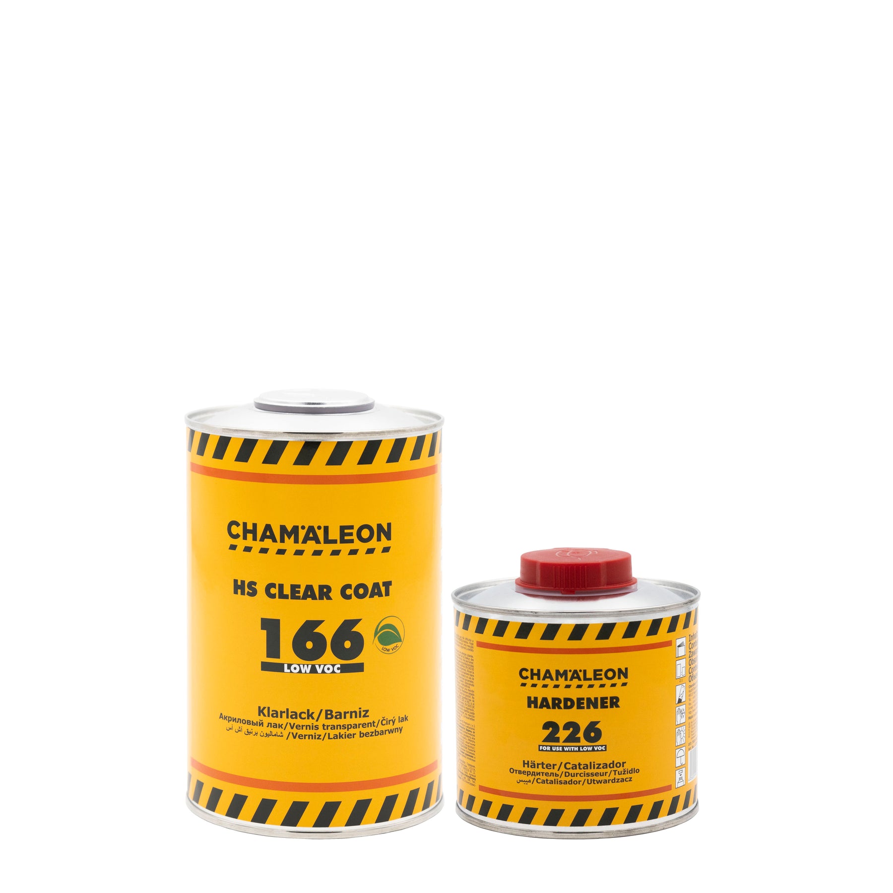 Chamaleon HS 2K Clear Coat Low VOC 166 con catalizzatore, vernice trasparente a basso contenuto di VOC per finitura lucida su superfici verniciate.