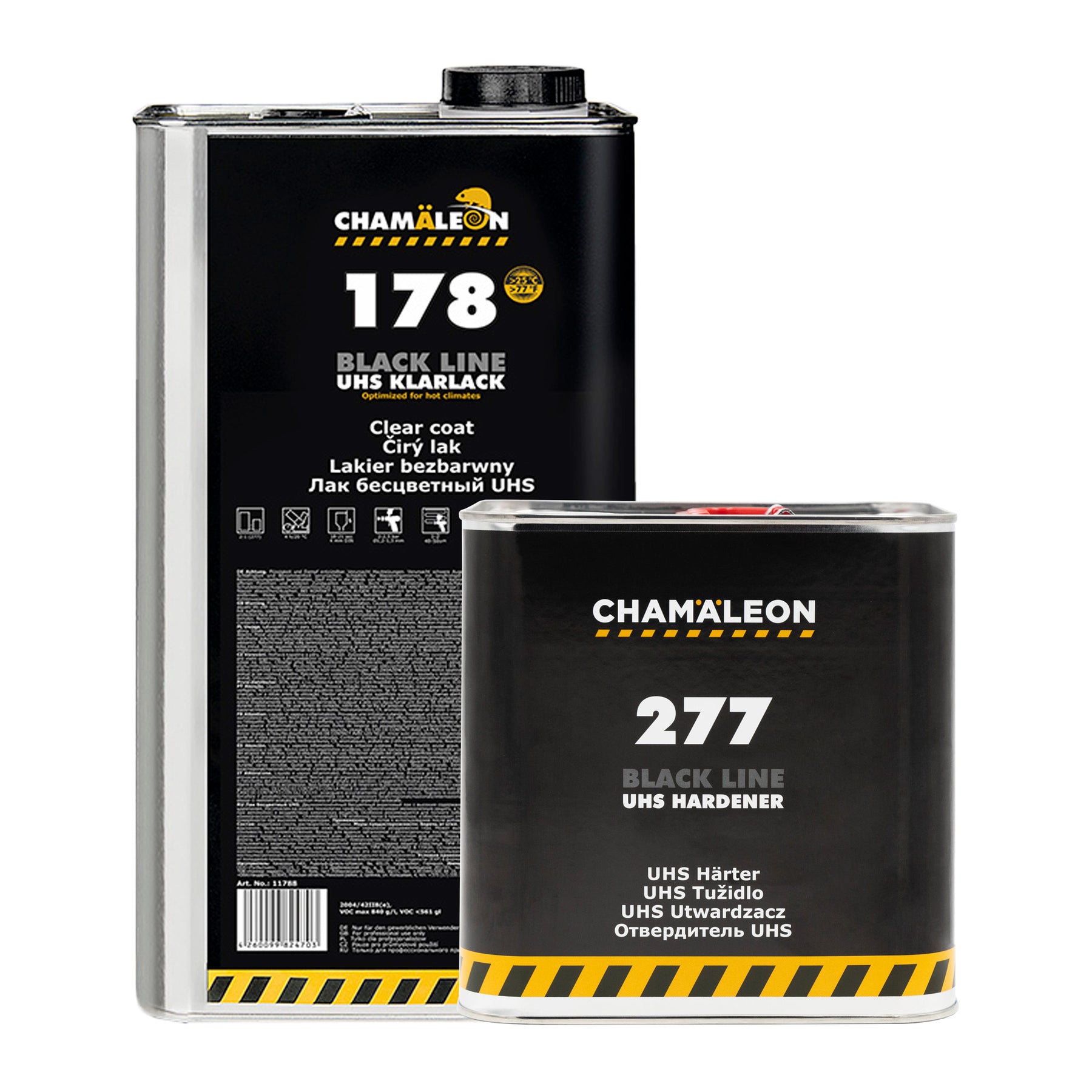 Tanica di vernice trasparente Chamäleon 178 Black Line UHS e catalizzatore rapido Chamäleon 277 UHS Hardener Fast.