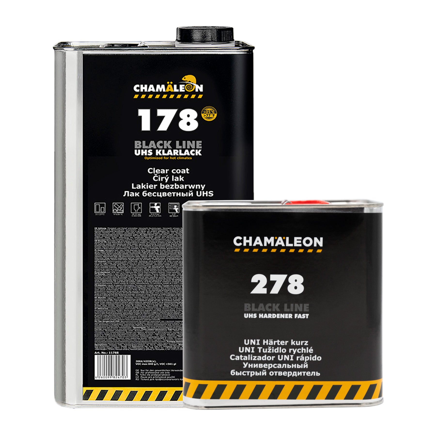 Tanica di vernice trasparente Chamäleon 178 Black Line UHS e catalizzatore rapido Chamäleon 278 UHS Hardener Fast.