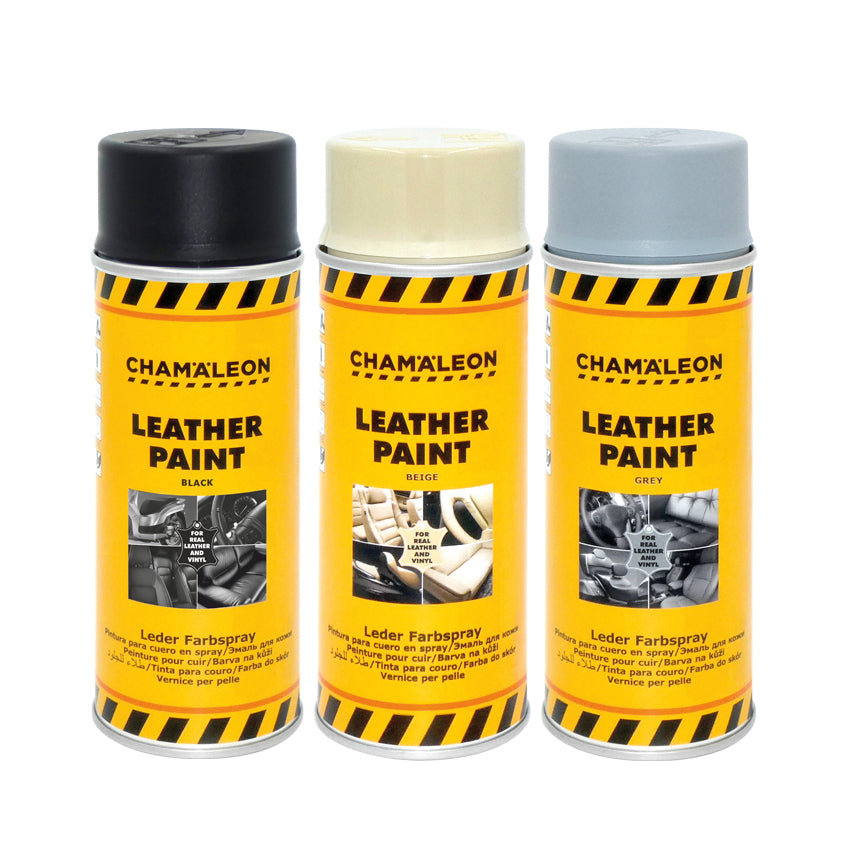 Chamaleon Aerosol Leather Paint Black, vernice spray nera per ripristinare il colore dei sedili in pelle. 3 bombolette