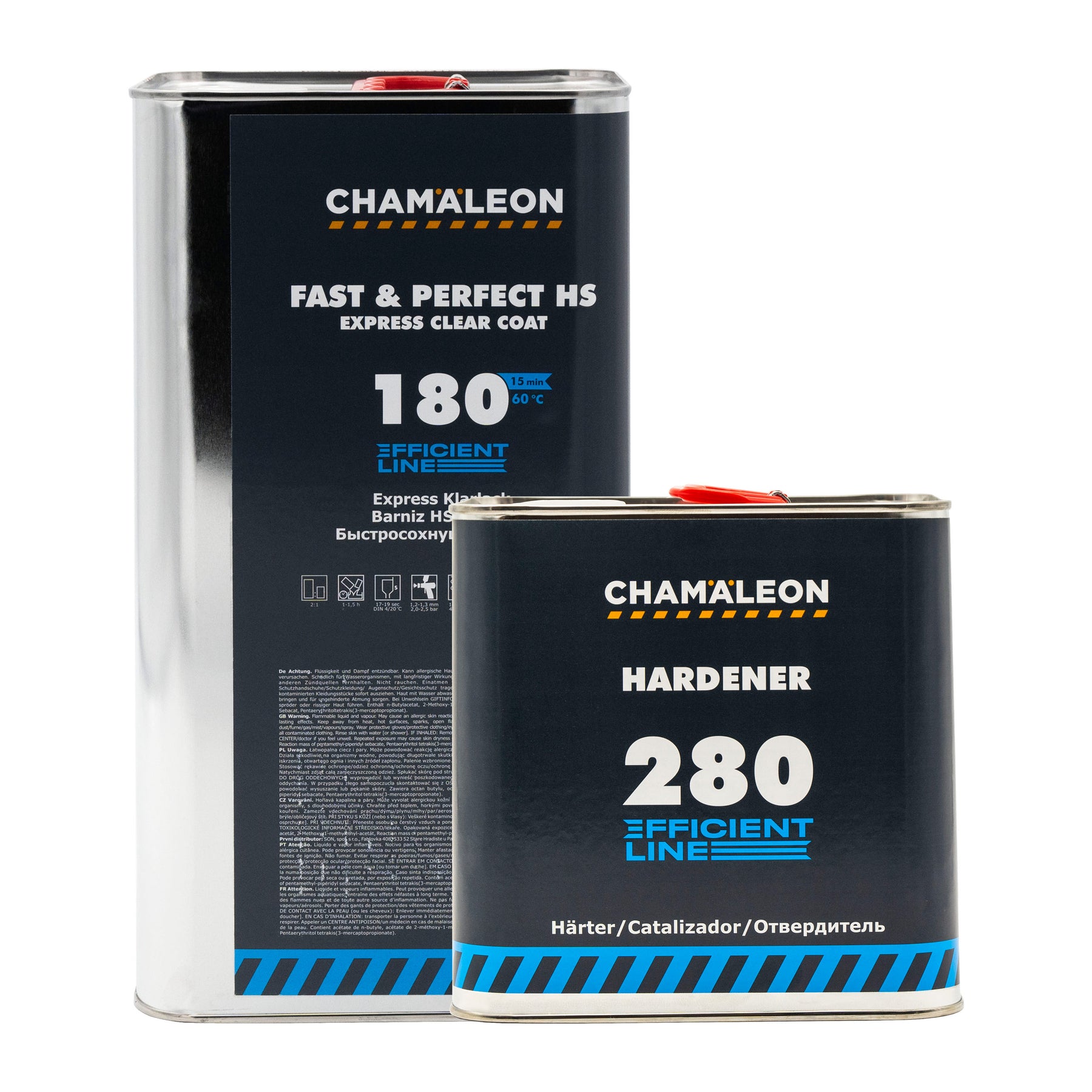 Chamaleon HS 2K Fast & Perfect Express Clear Coat 180 con catalizzatore, vernice trasparente a rapida essiccazione per finitura lucida su superfici verniciate.