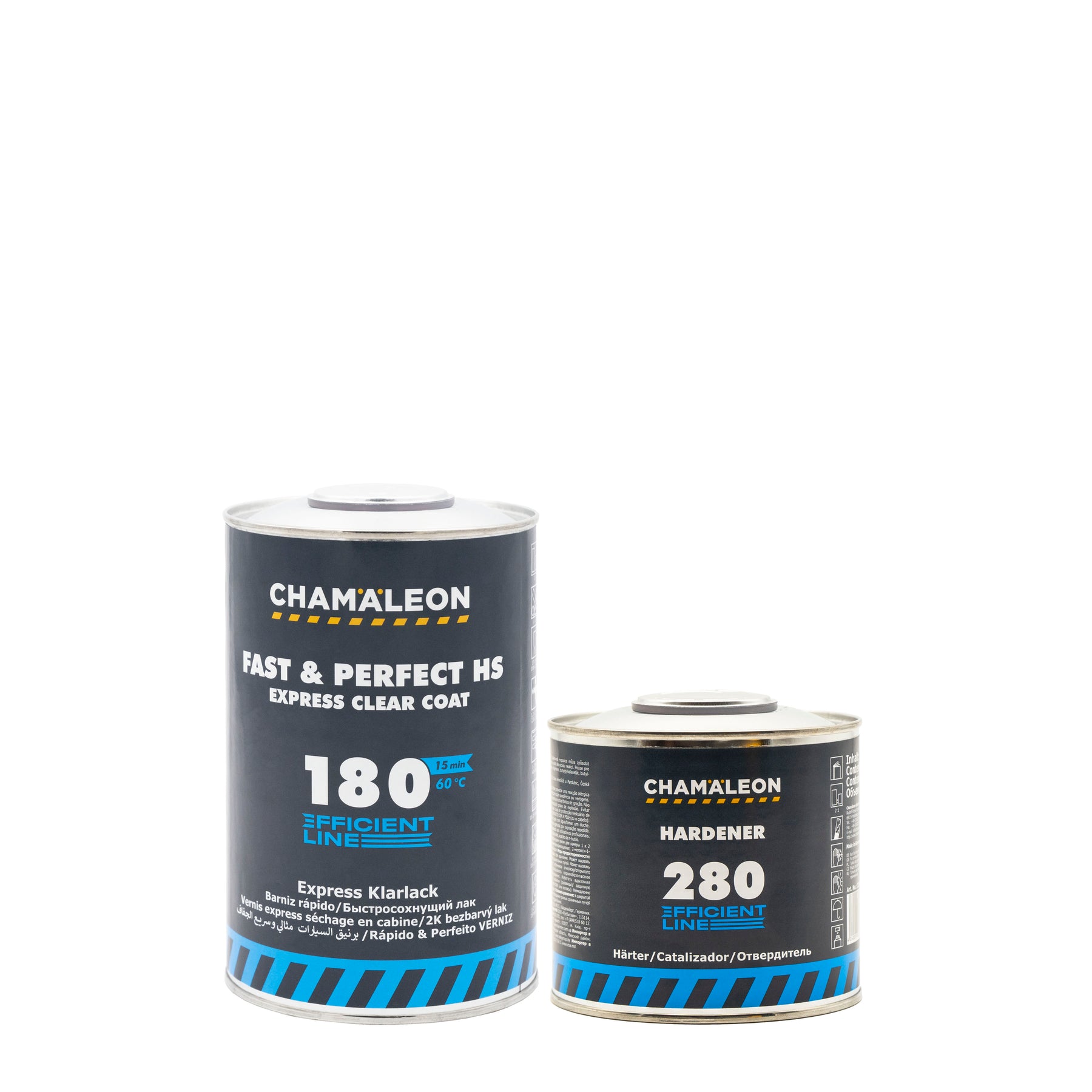 Chamaleon HS 2K Fast & Perfect Express Clear Coat 180 con catalizzatore, vernice trasparente a rapida essiccazione per finitura lucida su superfici verniciate.