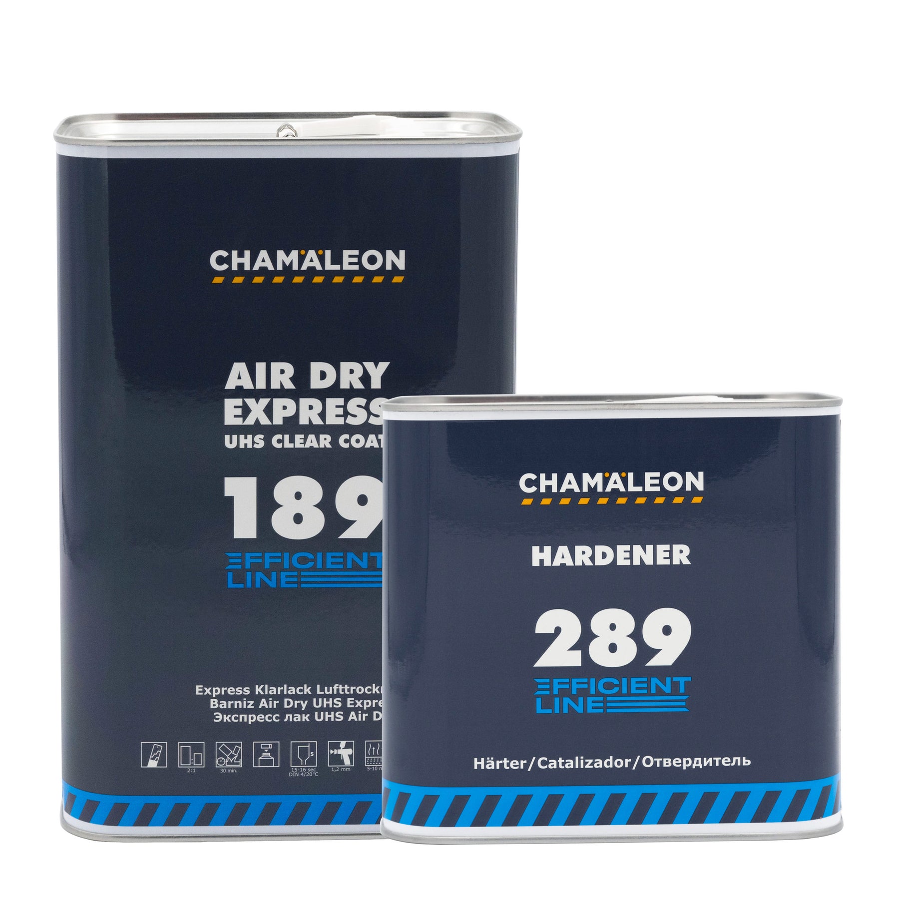 Latta di Chamaleon UHS 2K Air Dry Express Clear Coat 189 con Catalizzatore per una finitura rapida e brillante.