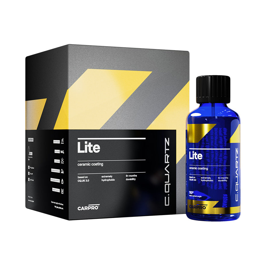 Flacone di CARPRO C.QUARTZ Lite, un rivestimento ceramico idrofobico con una durabilità di 6 mesi, basato sulla tecnologia CQUK 3.0.