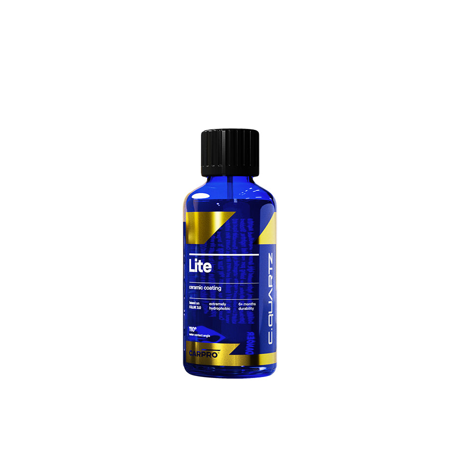 Flacone di CARPRO C.QUARTZ Lite, un rivestimento ceramico idrofobico con una durabilità di 6 mesi, basato sulla tecnologia CQUK 3.0.