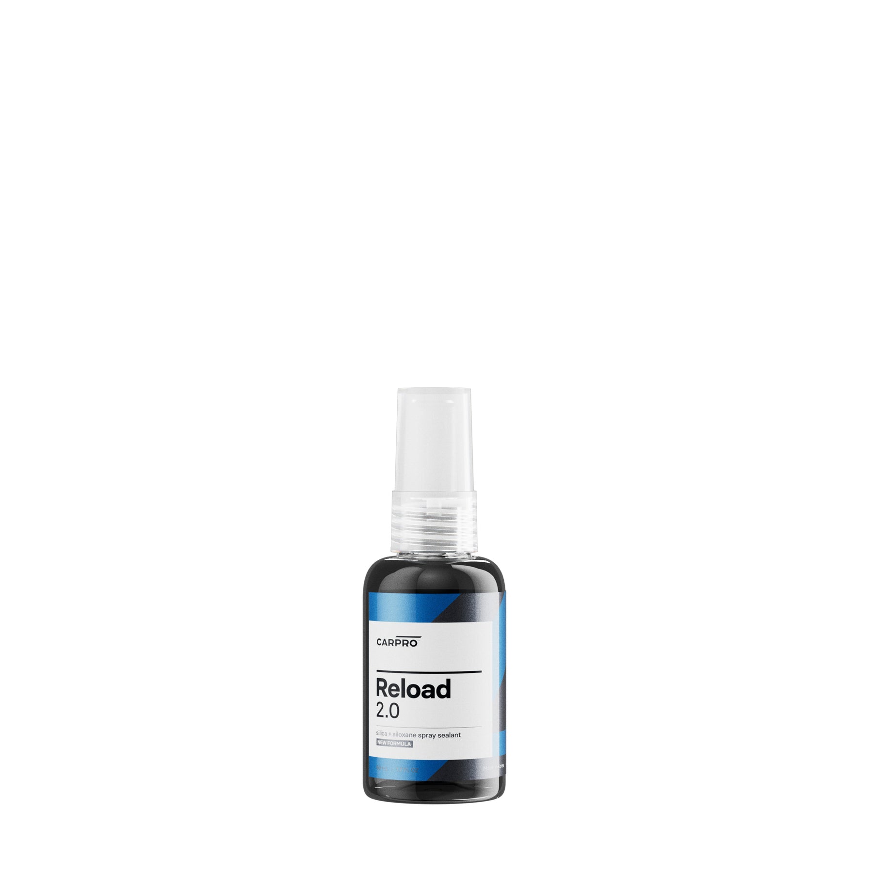 Bottiglia di CARPRO Reload 2.0 sigillante spray con etichetta bianca e blu, su sfondo bianco.