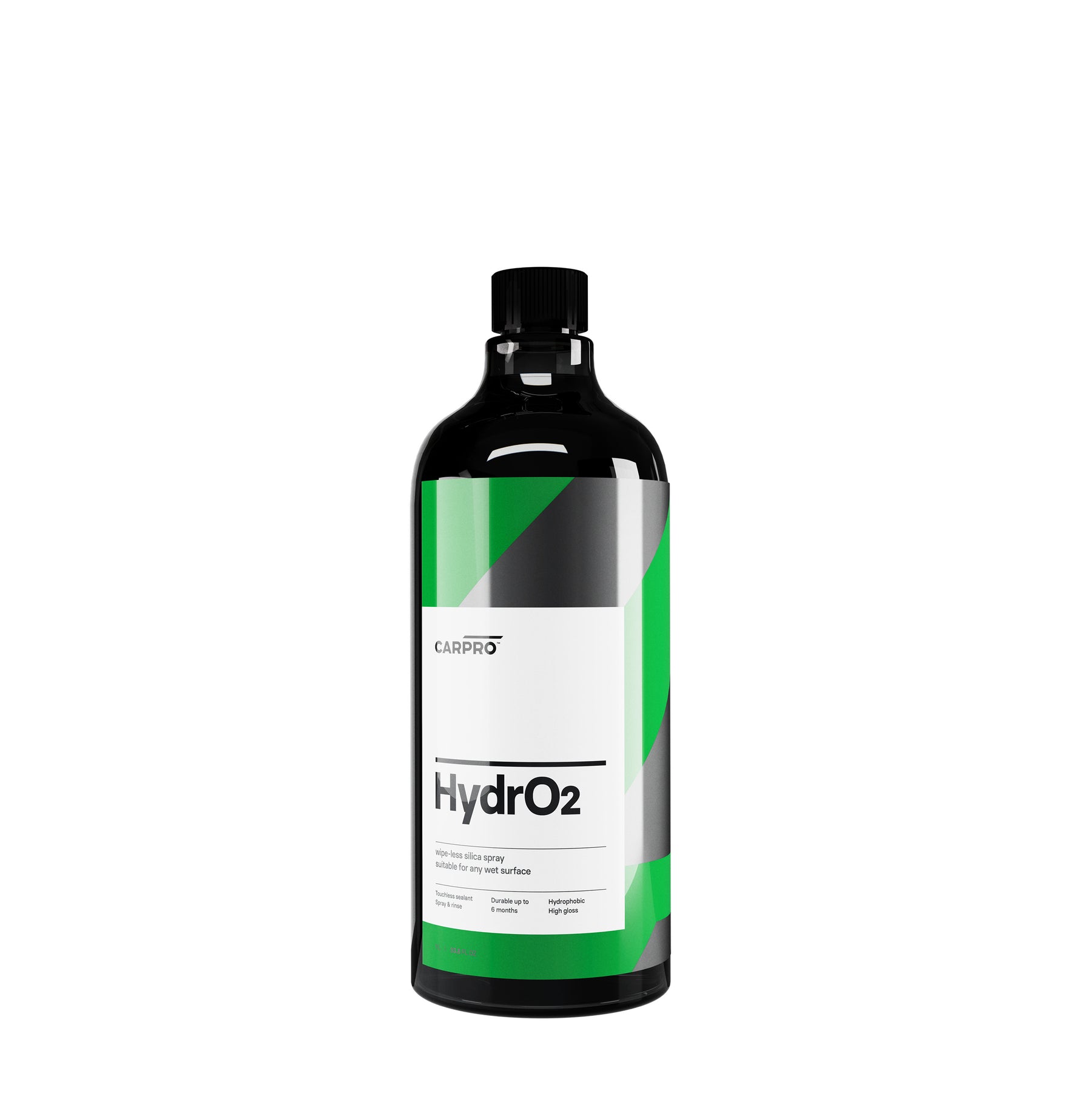 flacone di CARPRO HydrO2, un sigillante idrofobico per la protezione della carrozzeria dell'auto. Il flacone è nero con un'etichetta bianca e verde, e il nome del prodotto "HydrO2" è chiaramente visibile. Questo prodotto è progettato per offrire una protezione avanzata utilizzando la nanotecnologia, garantendo una finitura brillante e duratura.