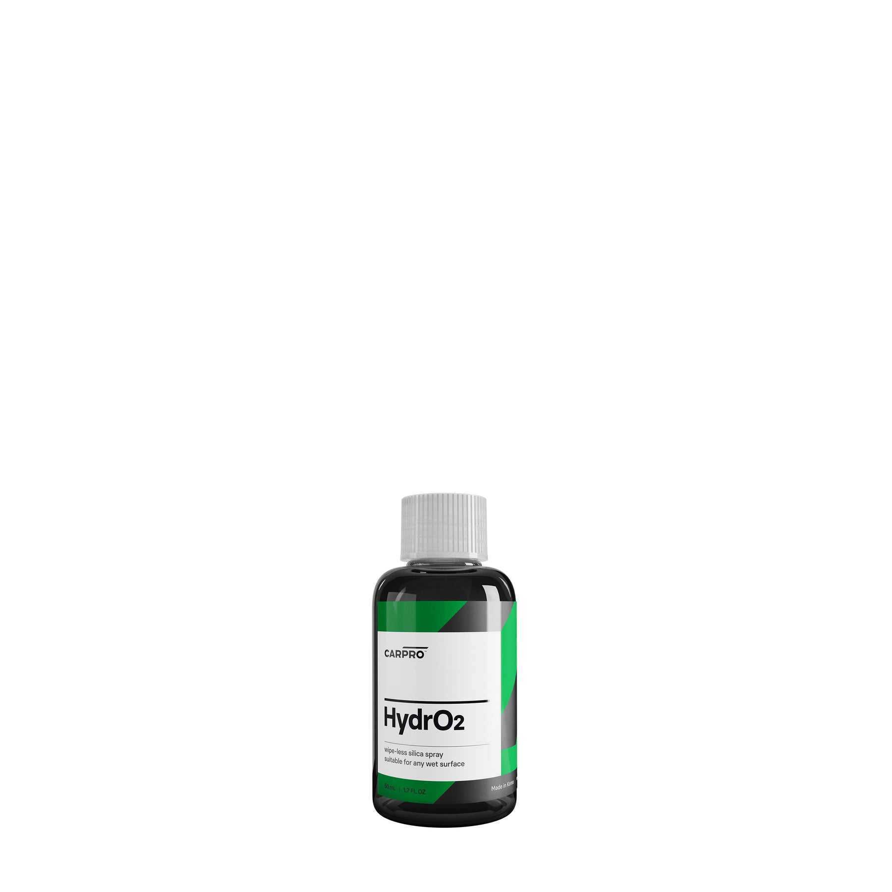 flacone di CARPRO HydrO2, un sigillante idrofobico per la protezione della carrozzeria dell'auto. Il flacone è nero con un'etichetta bianca e verde, e il nome del prodotto "HydrO2" è chiaramente visibile. Questo prodotto è progettato per offrire una protezione avanzata utilizzando la nanotecnologia, garantendo una finitura brillante e duratura.