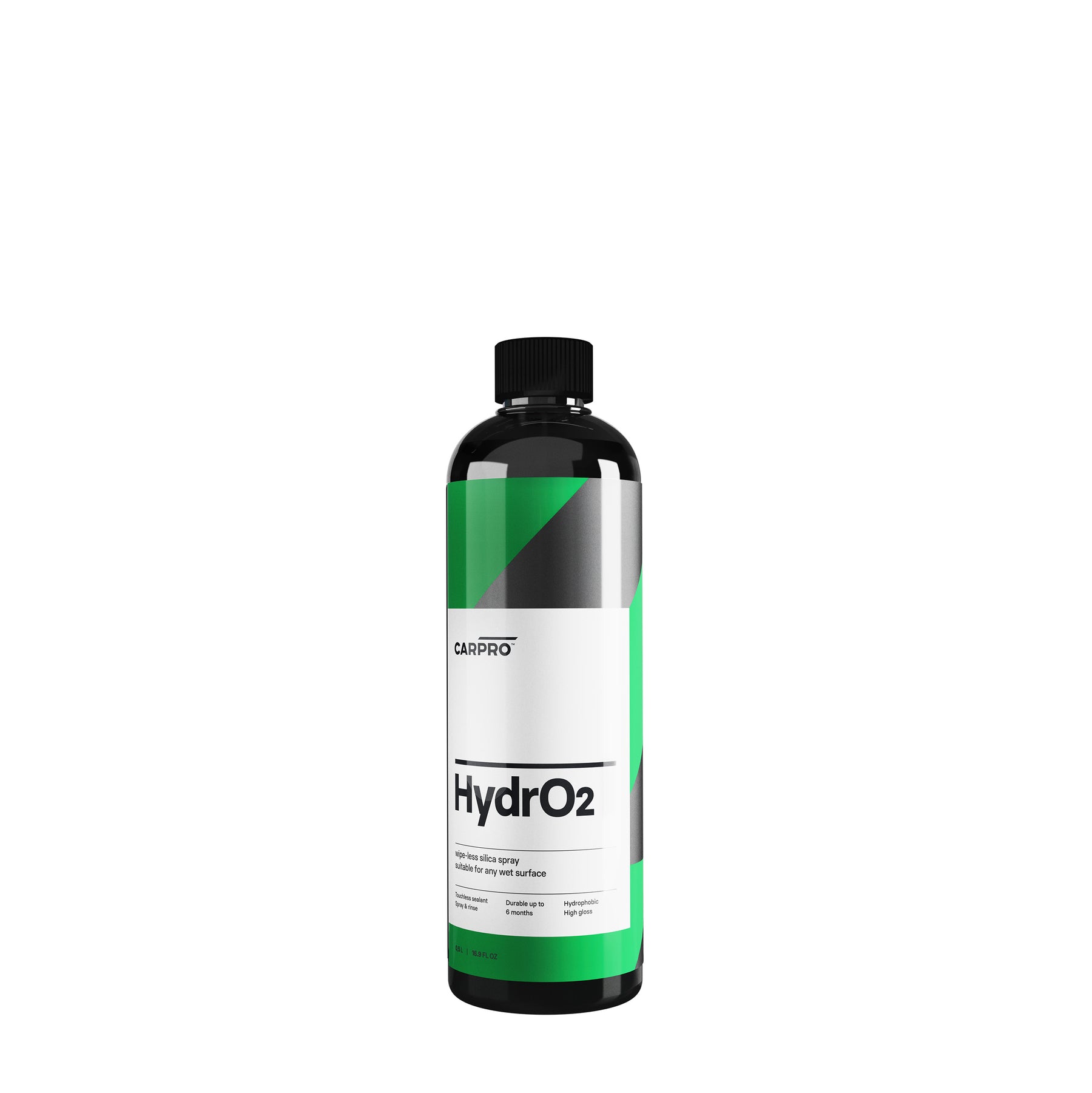 flacone di CARPRO HydrO2, un sigillante idrofobico per la protezione della carrozzeria dell'auto. Il flacone è nero con un'etichetta bianca e verde, e il nome del prodotto "HydrO2" è chiaramente visibile. Questo prodotto è progettato per offrire una protezione avanzata utilizzando la nanotecnologia, garantendo una finitura brillante e duratura.
