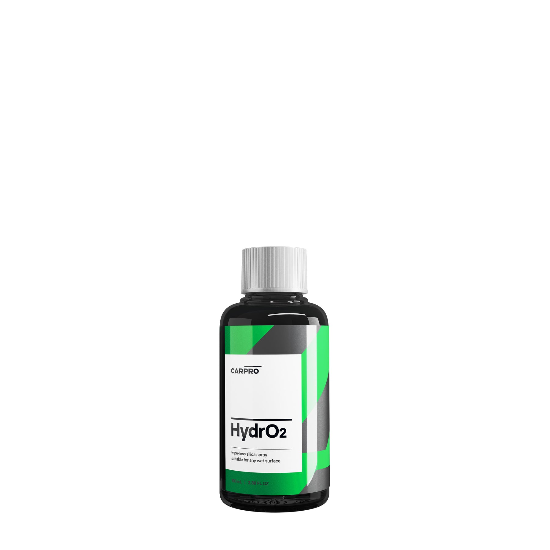 flacone di CARPRO HydrO2, un sigillante idrofobico per la protezione della carrozzeria dell'auto. Il flacone è nero con un'etichetta bianca e verde, e il nome del prodotto "HydrO2" è chiaramente visibile. Questo prodotto è progettato per offrire una protezione avanzata utilizzando la nanotecnologia, garantendo una finitura brillante e duratura.