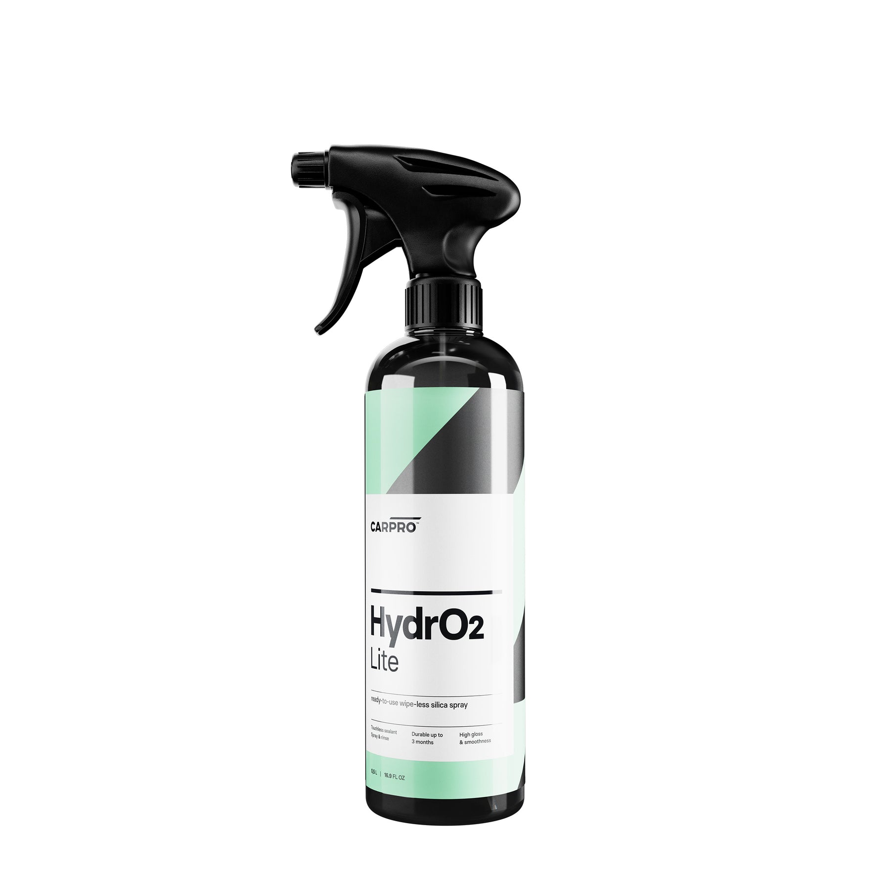 flacone spray di CARPRO HydrO2 Lite, un sigillante idrofobico per la protezione della carrozzeria dell'auto. Il flacone è nero con un'etichetta bianca e verde, e il nome del prodotto "HydrO2 Lite" è chiaramente visibile. Questo prodotto offre una protezione avanzata con una semplice applicazione spray, mantenendo la brillantezza e la protezione della superficie dell'auto.