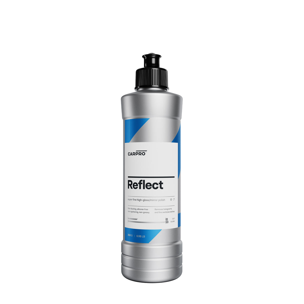Bottiglia di polish CARPRO Reflect con etichetta bianca e blu, su sfondo bianco.