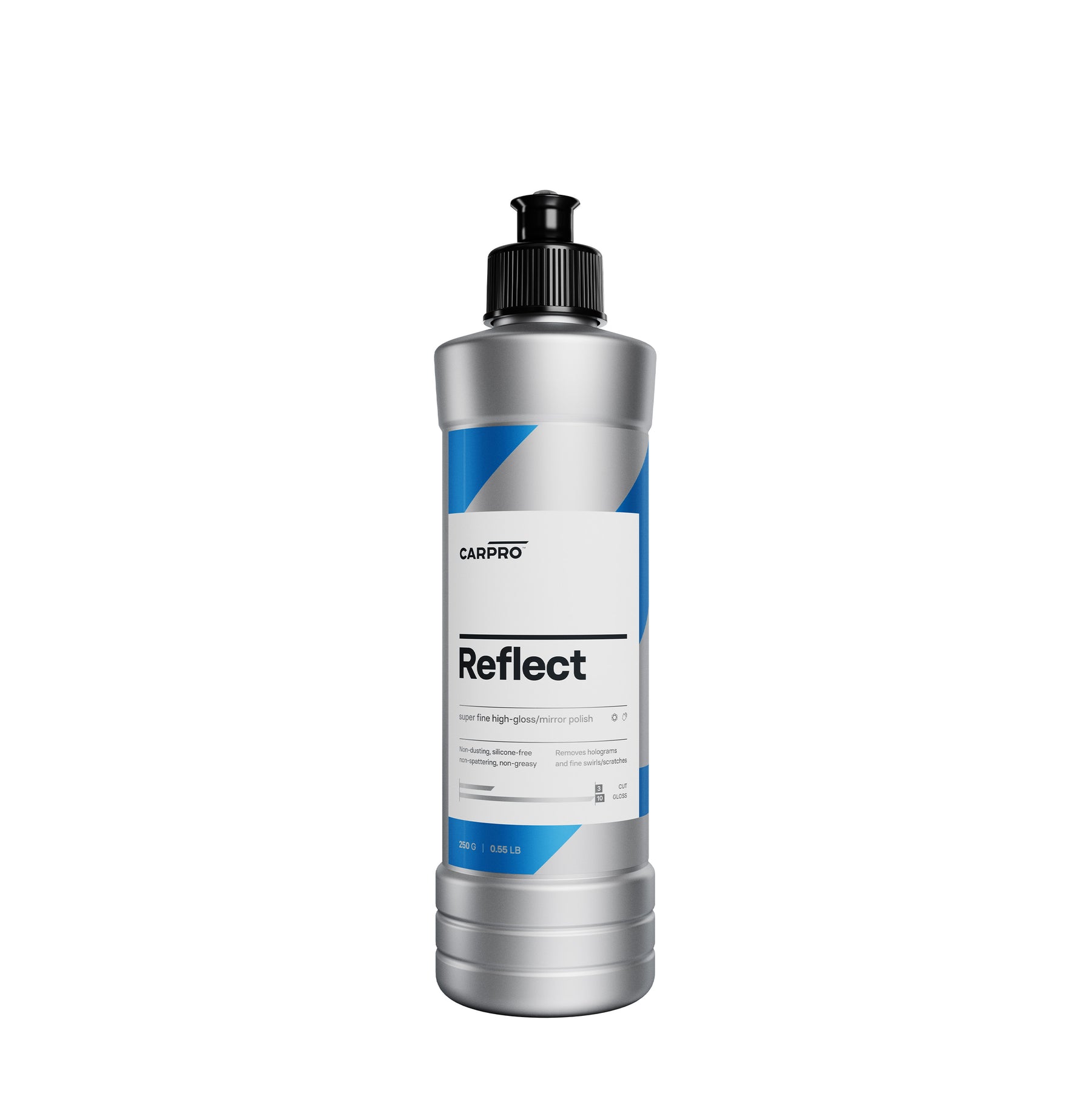 Bottiglia di polish CARPRO Reflect con etichetta bianca e blu, su sfondo bianco.