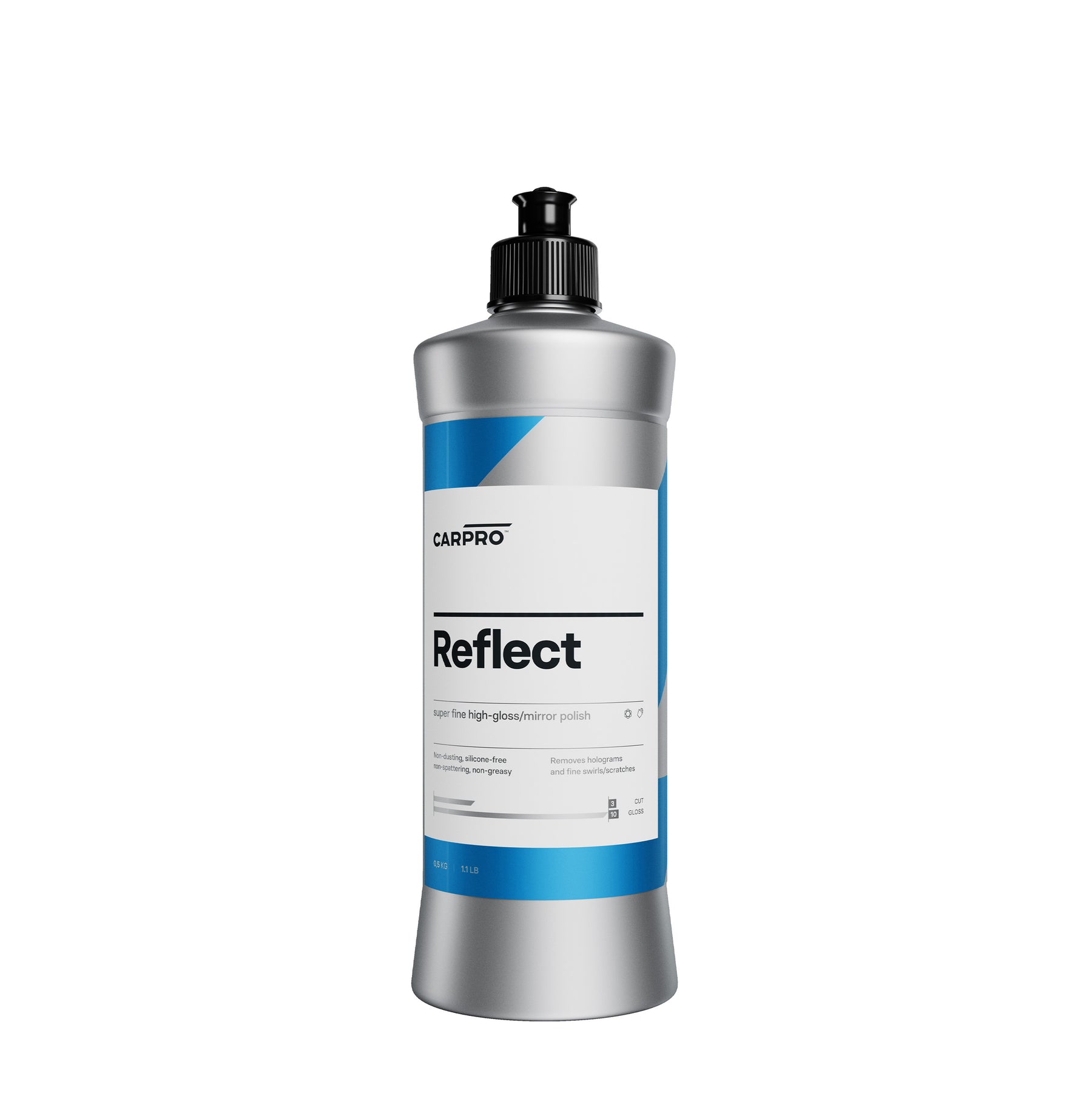 Bottiglia di polish CARPRO Reflect con etichetta bianca e blu, su sfondo bianco.