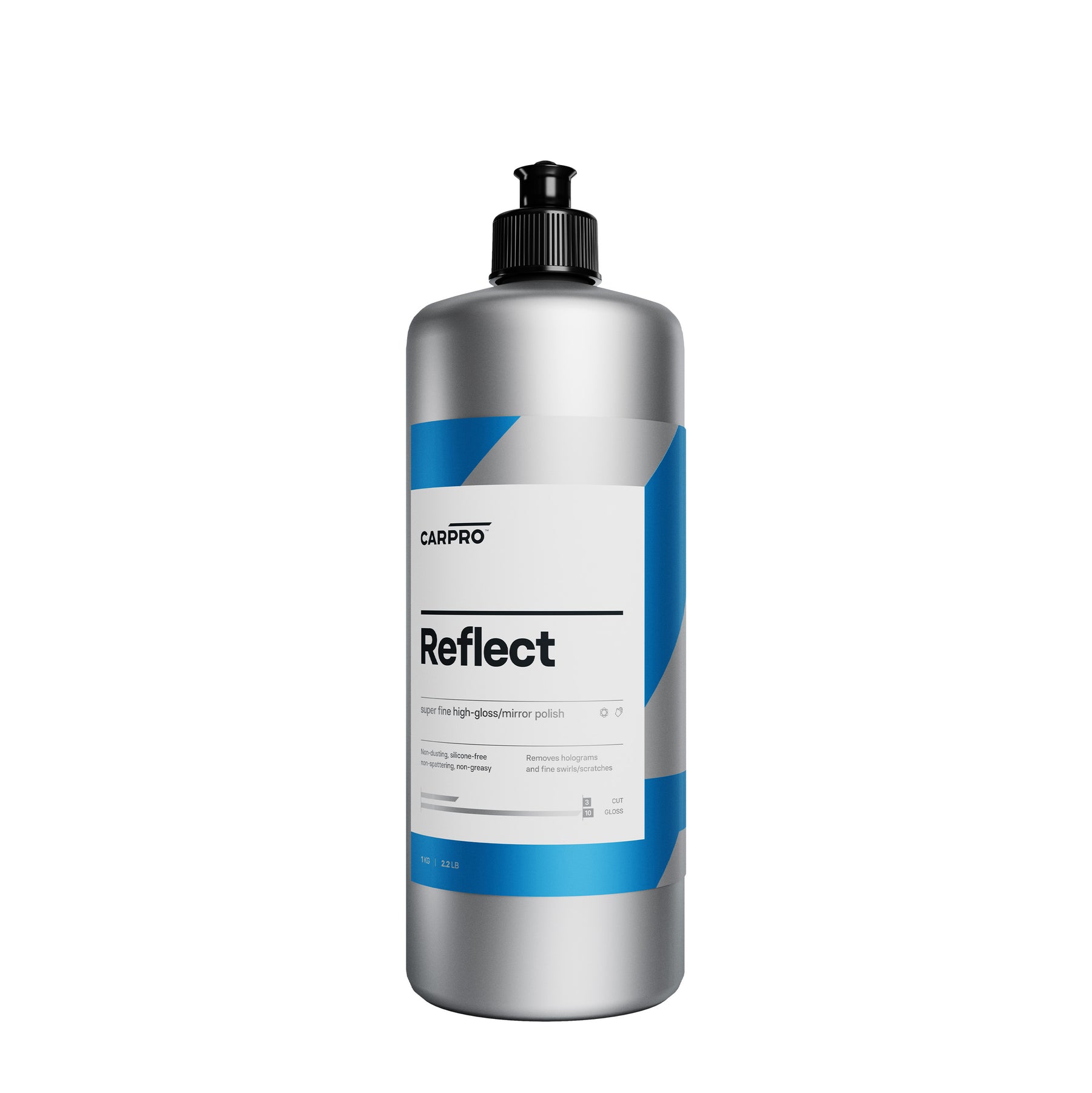 Bottiglia di polish CARPRO Reflect con etichetta bianca e blu, su sfondo bianco.