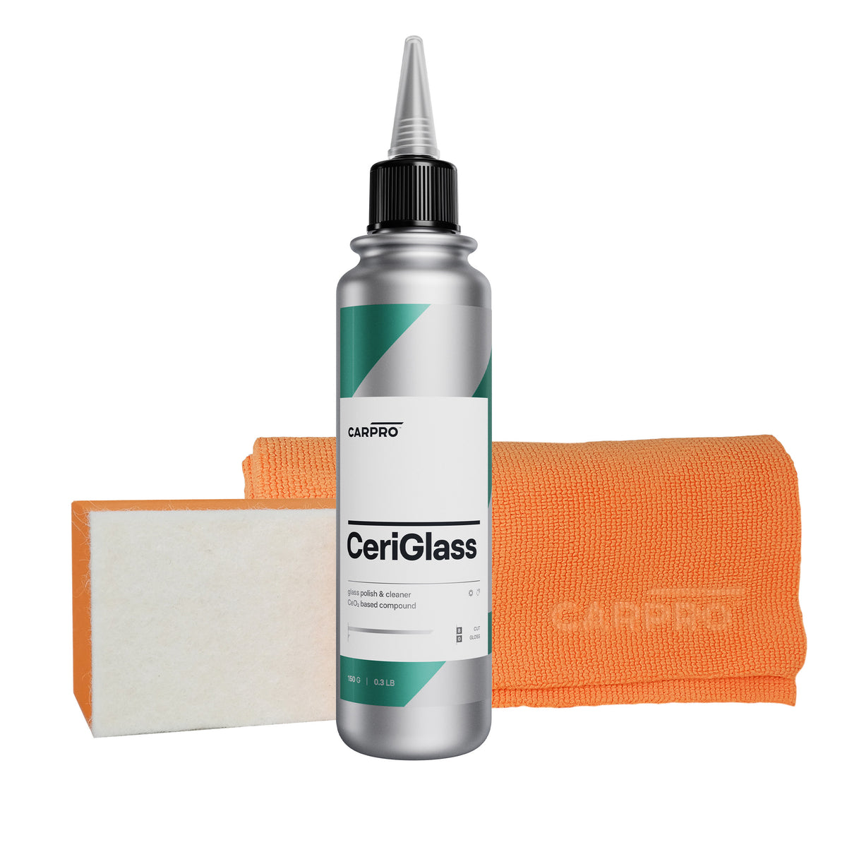 Kit CARPRO CeriGlass, composto da un flacone di composto lucidante per vetri, un panno in microfibra arancione e un applicatore, ideale per rimuovere graffi e contaminanti dai vetri dell'auto, garantendo una finitura cristallina.