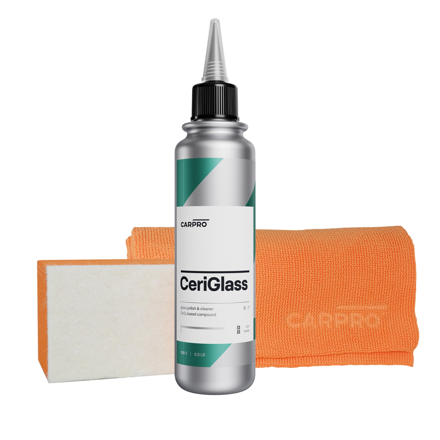 Kit CARPRO CeriGlass, composto da un flacone di composto lucidante per vetri, un panno in microfibra arancione e un applicatore, ideale per rimuovere graffi e contaminanti dai vetri dell'auto, garantendo una finitura cristallina.