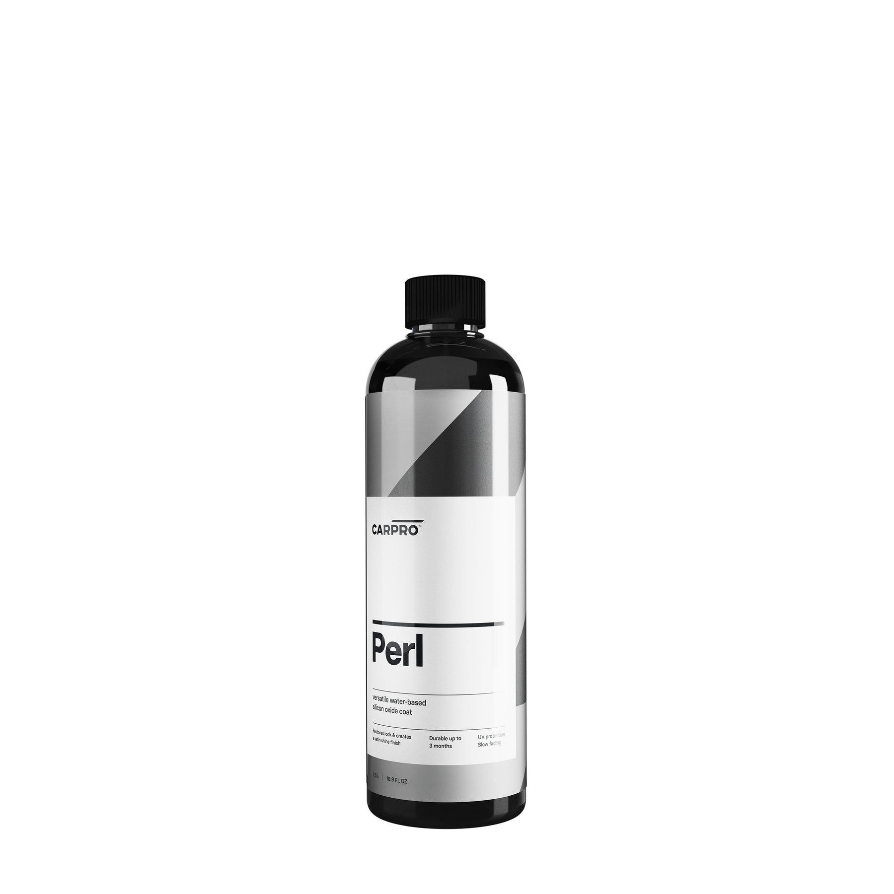 Flacone di CARPRO Perl, un trattamento a base d'acqua per proteggere e ravvivare le superfici in plastica, gomma e pelle dell'auto, con etichetta bianca, nera e grigia.