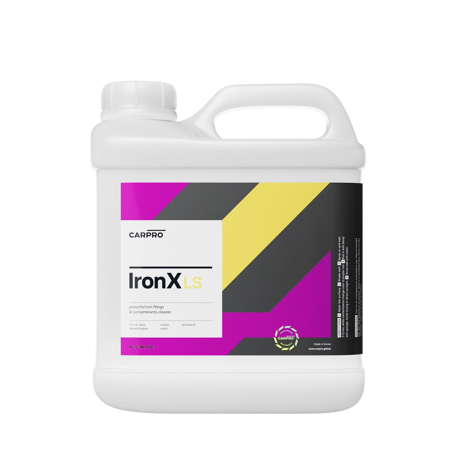 Tanica di CARPRO IronX Lemon da 4L con etichetta bianca e viola.