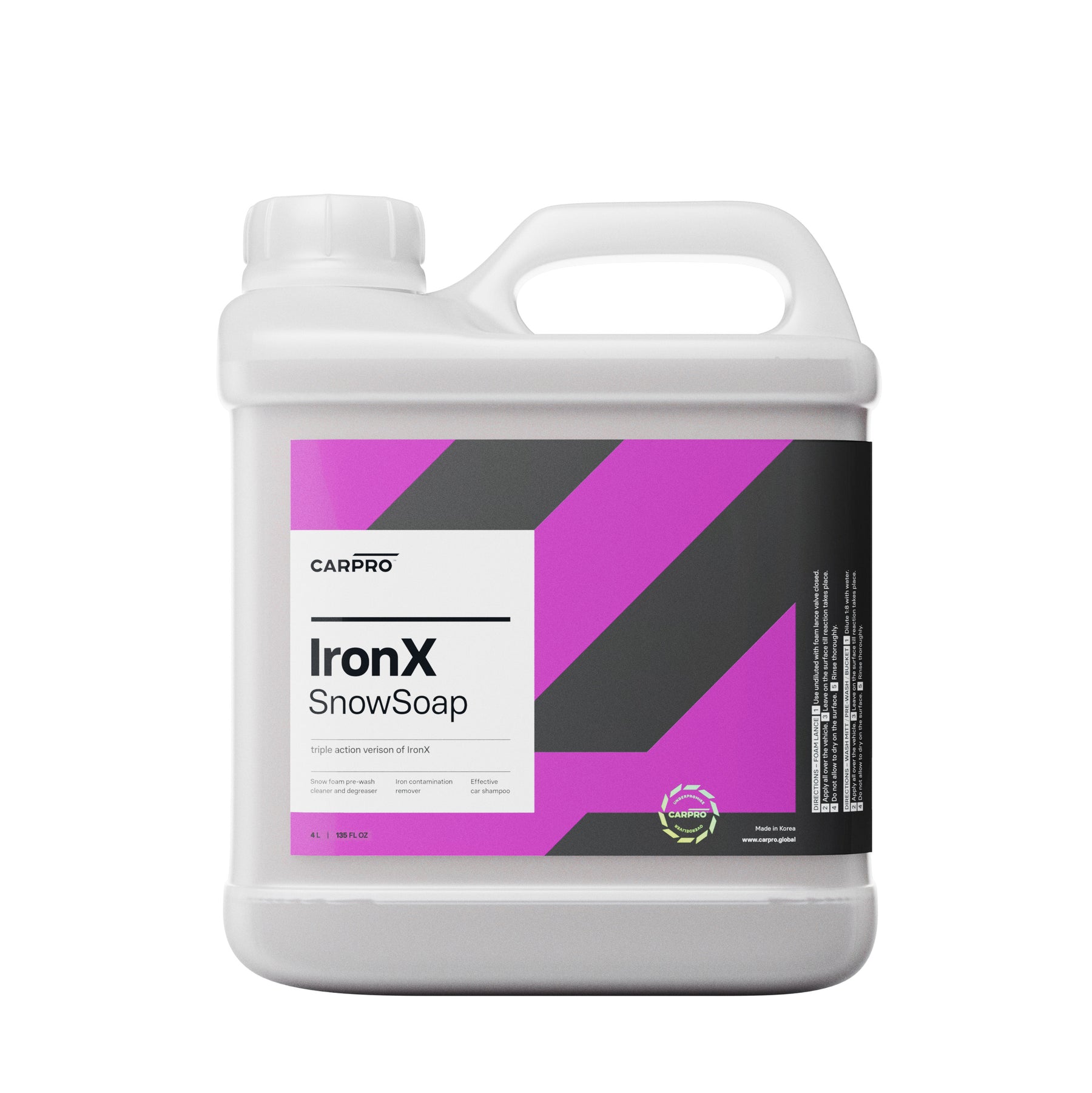 Tanica da 4 litri di CARPRO IronX Snow Soap con etichetta bianca, nera e rosa, ideale per Detailers, progettata per una pulizia approfondita ed efficace delle auto, rimuovendo contaminazioni ferrose e residui stradali.