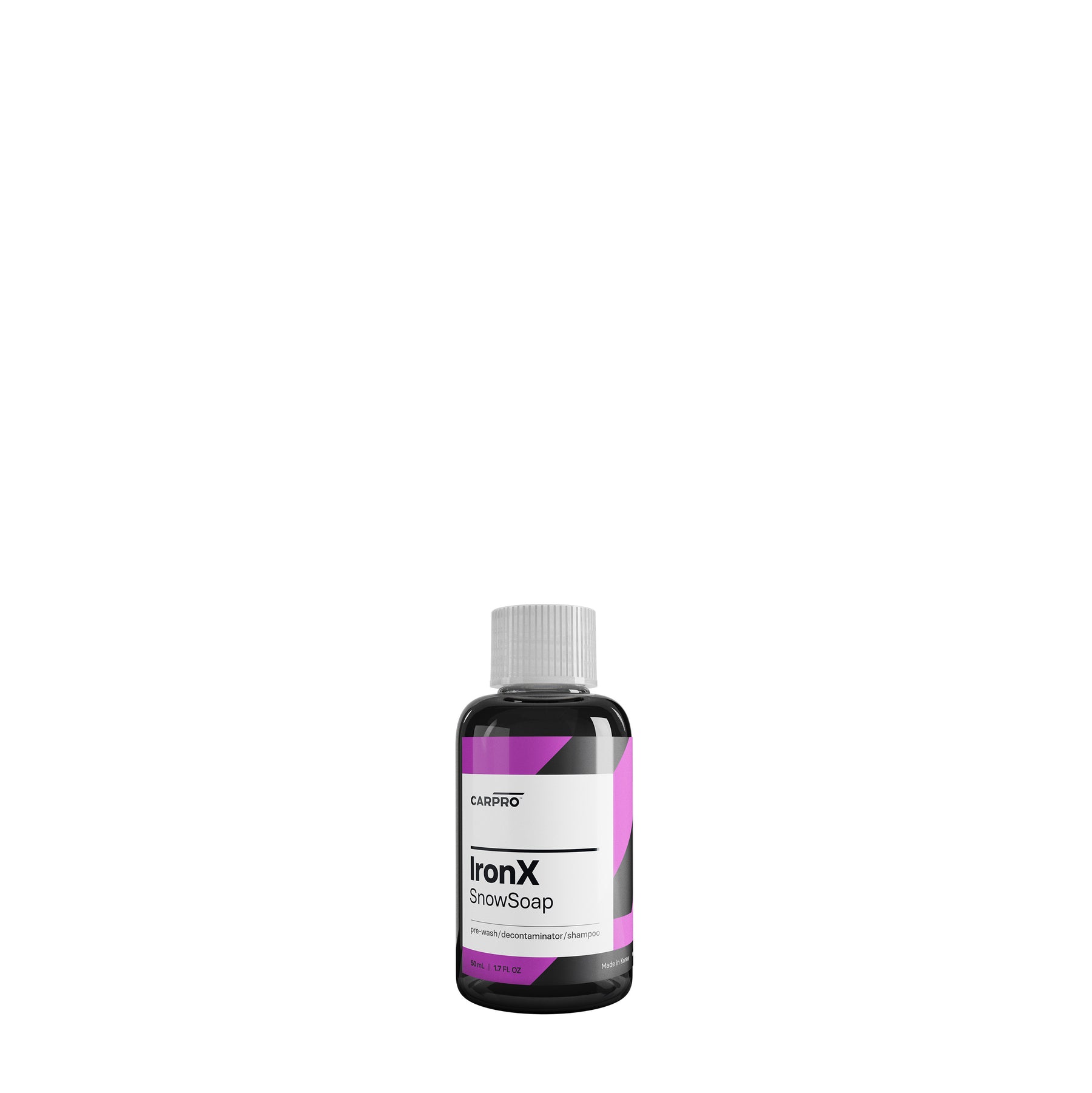 Flacone di CARPRO IronX Snow Soap da 50 ml con etichetta bianca, nera e rosa, ideale per una pulizia auto profonda ed efficace, rimuovendo contaminazioni ferrose e residui stradali.