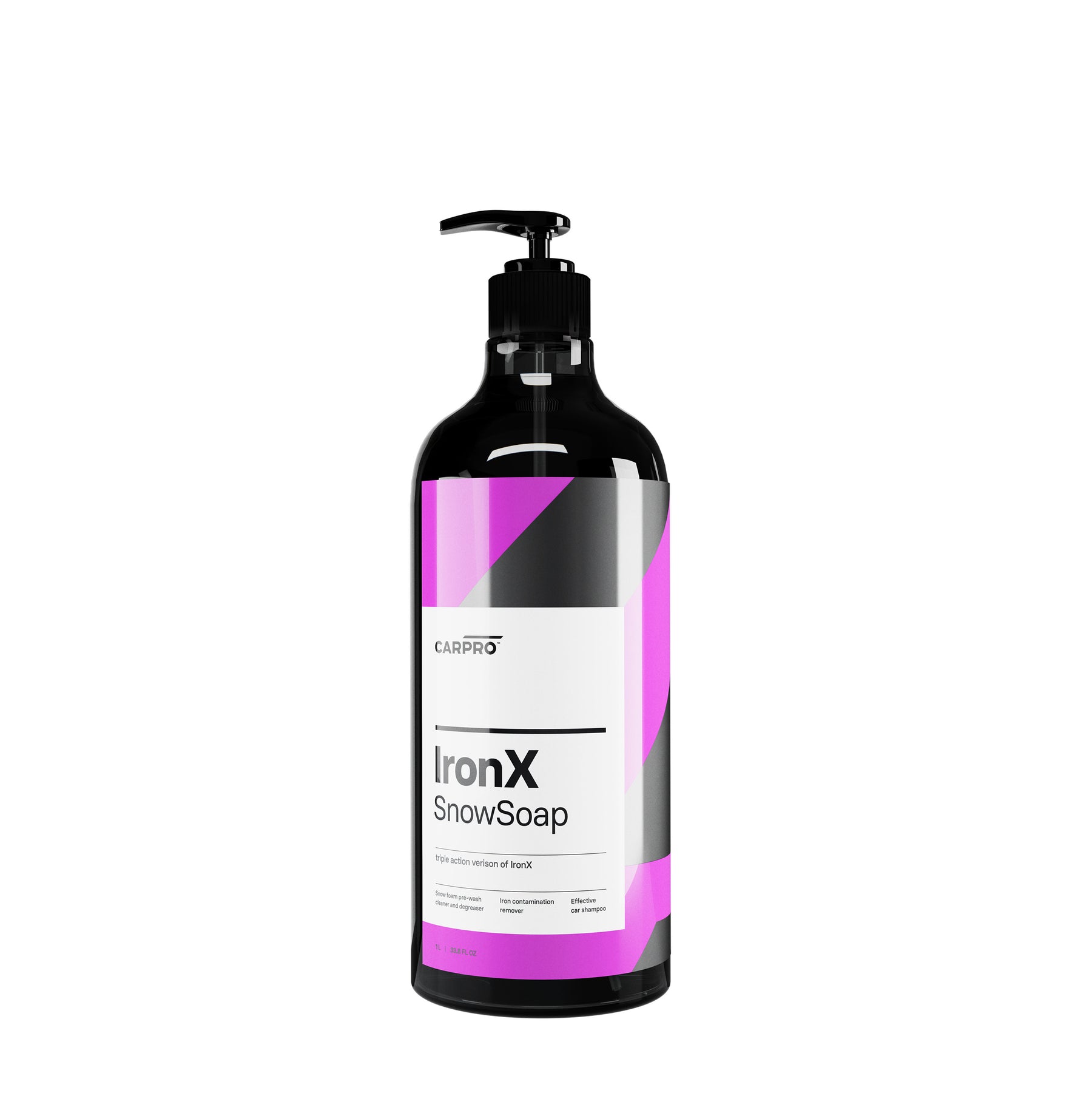 Grande bottiglia di CARPRO IronX Snow Soap da 1 litro con etichetta bianca, nera e rosa, dotata di un erogatore a pompa nero, progettata per una pulizia efficace e sicura delle auto, rimuovendo contaminazioni ferrose e residui stradali.