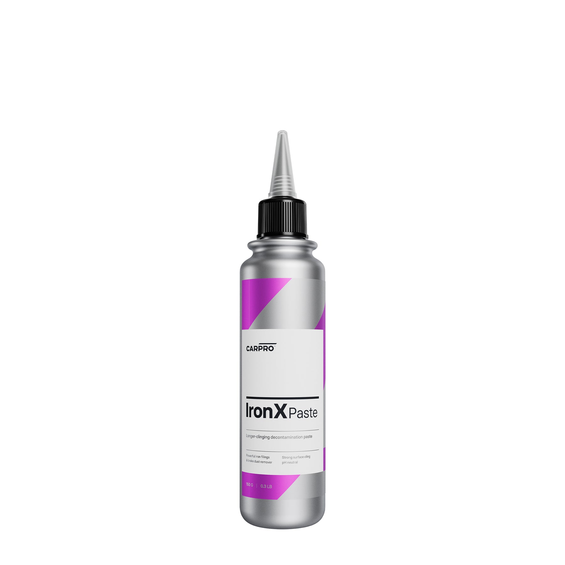 Bottiglia di CARPRO IronX Paste 150g con etichetta bianca e dettagli viola, progettata per rimuovere contaminazioni ferrose dalle superfici automobilistiche.