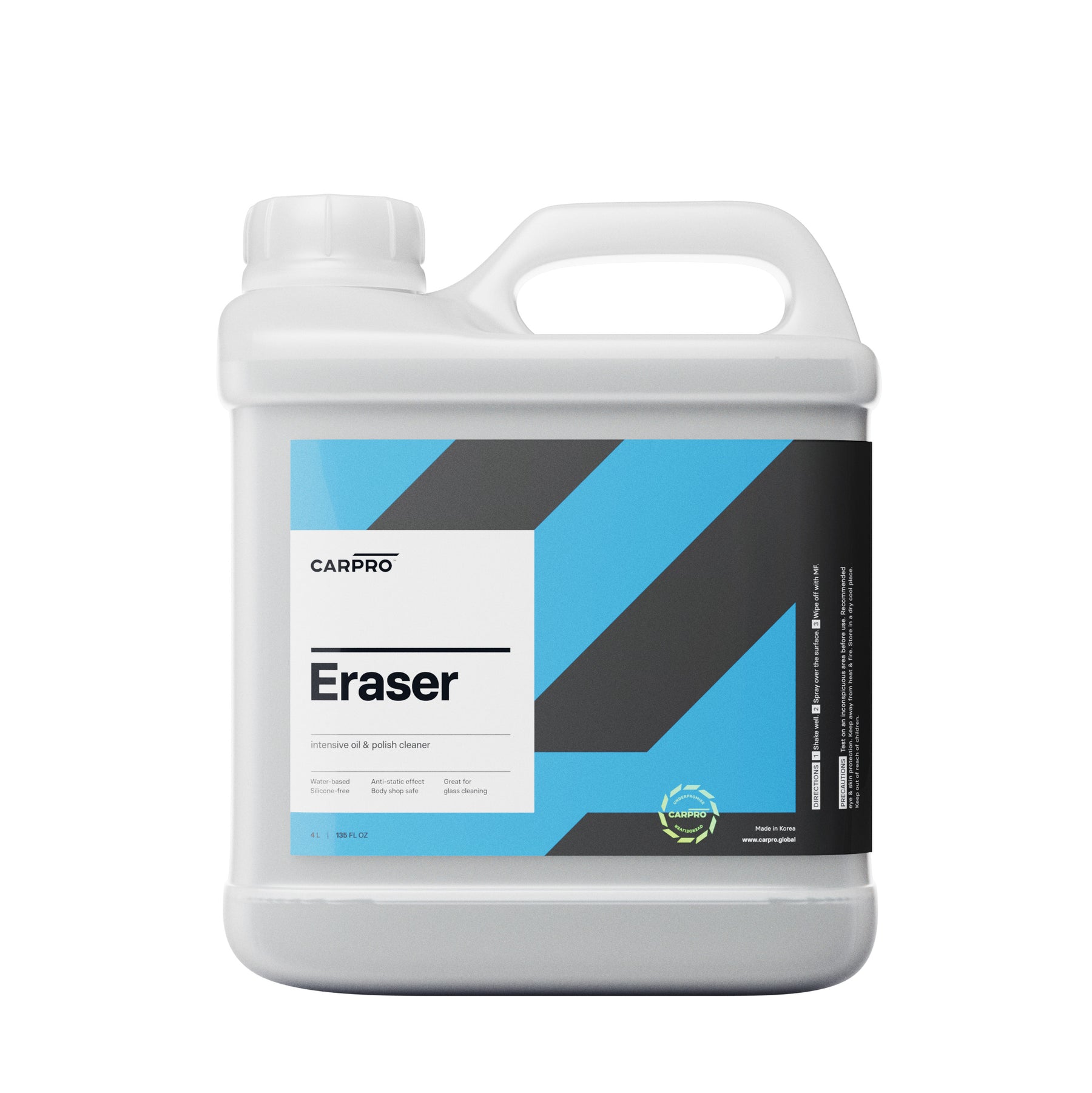 Tanica di CARPRO Eraser su sfondo bianco, detergente a base di alcool per rimuovere residui di polish e preparare la superficie del veicolo alla protezione.