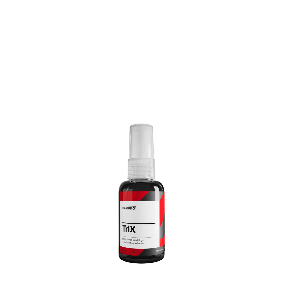 Flacone di CarPro TriX, soluzione spray combinata di TarX e IronX per rimuovere catrame e residui ferrosi dalle superfici dell'auto.