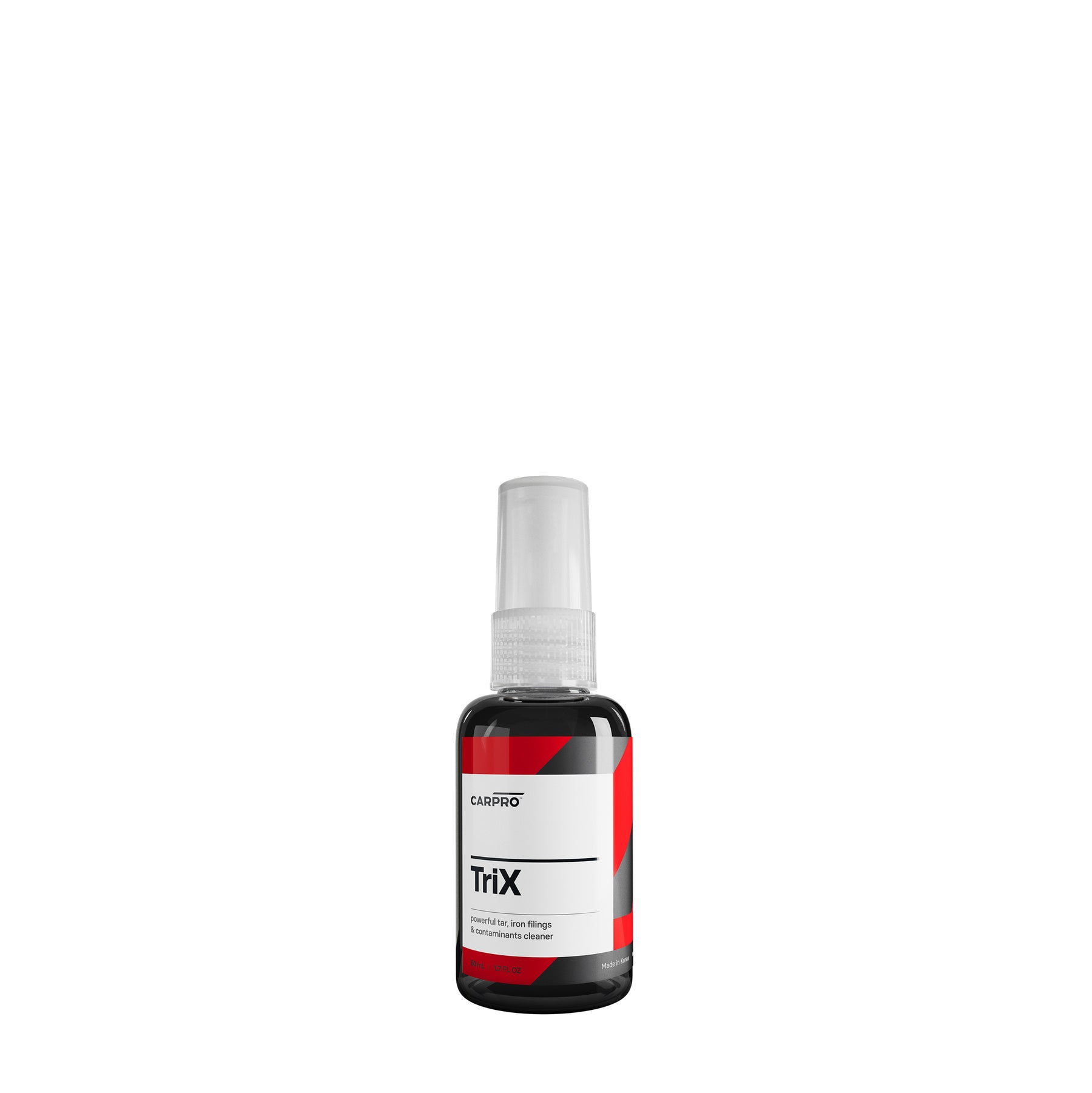 Flacone di CarPro TriX, soluzione spray combinata di TarX e IronX per rimuovere catrame e residui ferrosi dalle superfici dell'auto.
