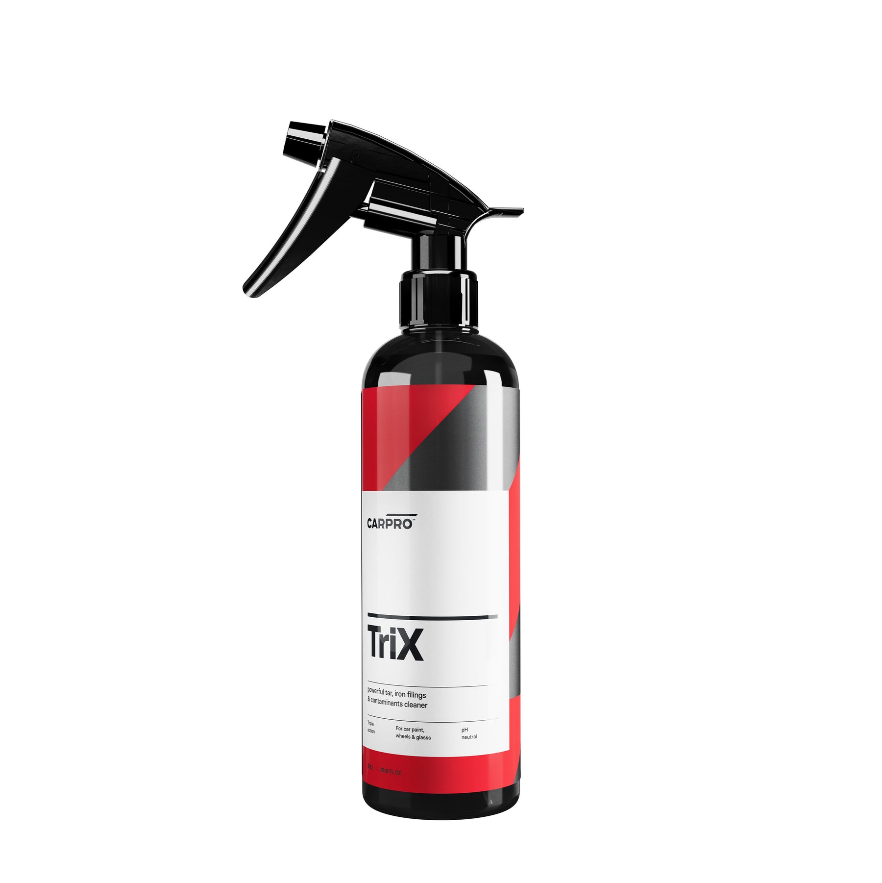Flacone di CarPro TriX, soluzione spray combinata di TarX e IronX per rimuovere catrame e residui ferrosi dalle superfici dell'auto.