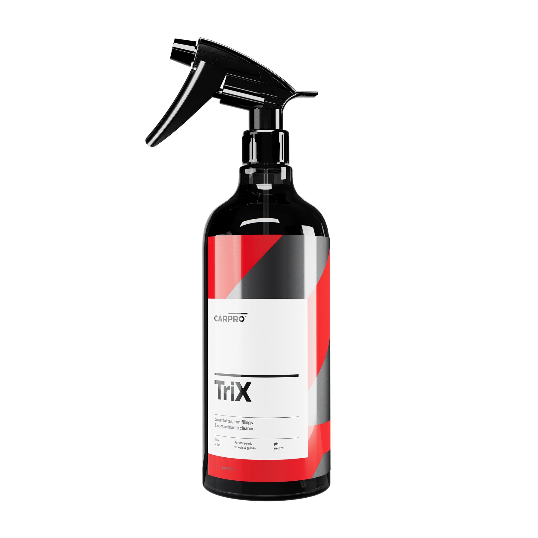 Flacone di CarPro TriX, soluzione spray combinata di TarX e IronX per rimuovere catrame e residui ferrosi dalle superfici dell'auto.