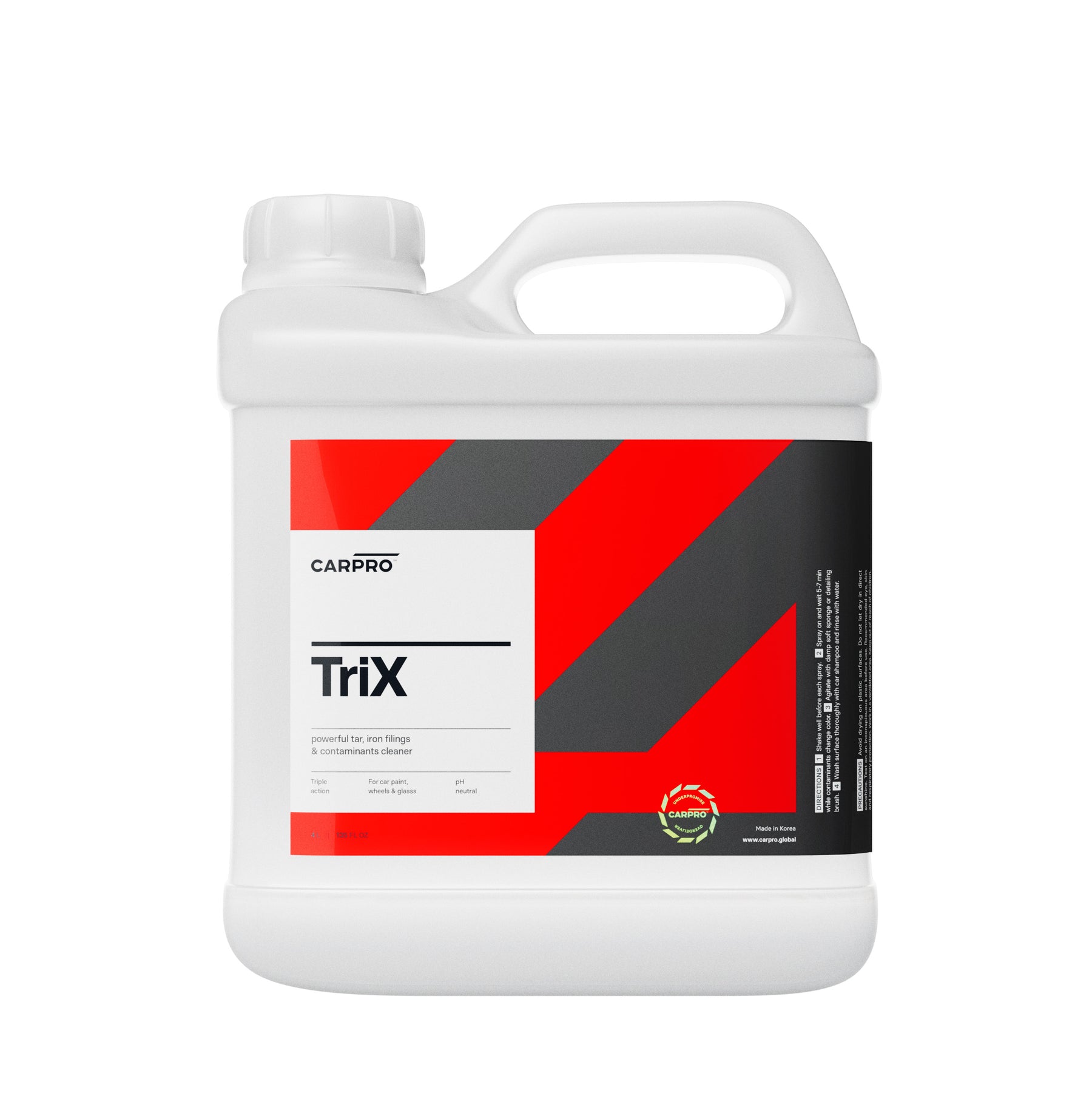 Tanica di CarPro TriX, soluzione combinata di TarX e IronX per rimuovere catrame e residui ferrosi dalle superfici dell'auto.