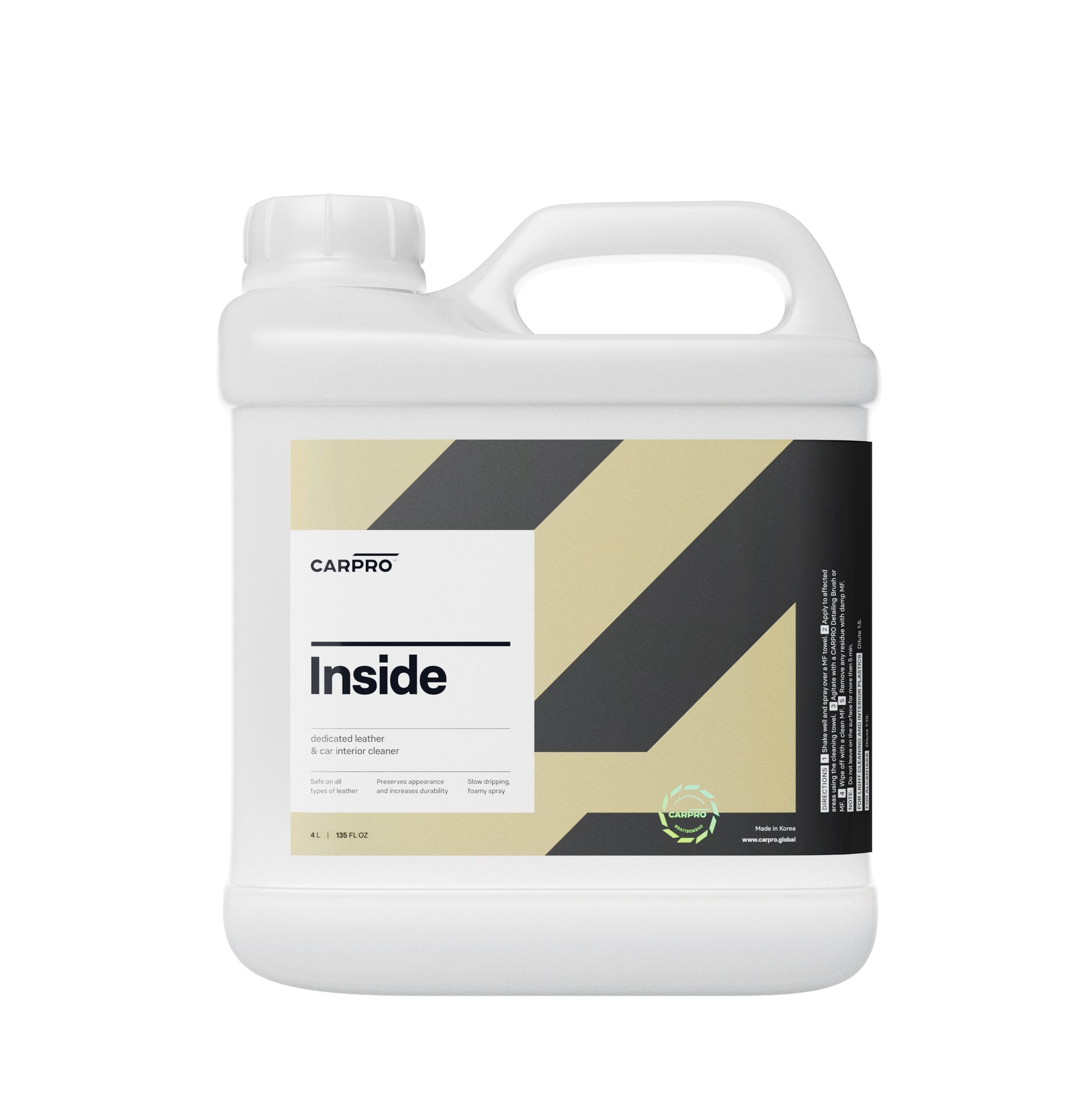 Contenitore da 4 litri di CARPRO Inside, detergente per interni auto, con manico e etichetta bianca con dettagli beige e grigi, ideale per uso professionale nella pulizia delle superfici interne.