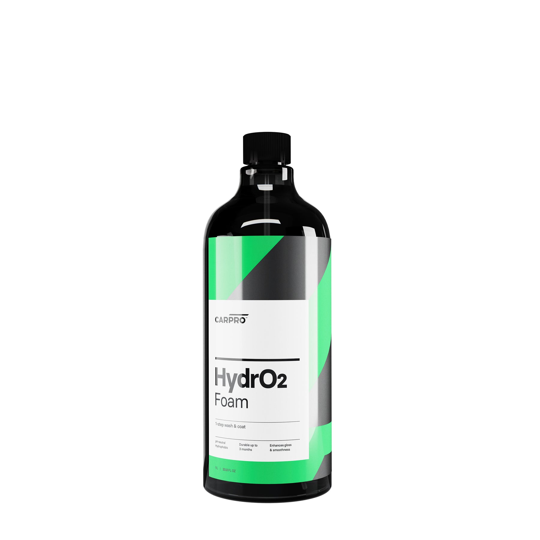 flacone di CARPRO HydrO2 Foam, un detergente e sigillante idrofobico per la protezione della carrozzeria dell'auto. Il flacone è nero con un'etichetta bianca e verde, e il nome del prodotto "HydrO2 Foam" è chiaramente visibile. Questo prodotto offre una protezione avanzata con applicazione rapida, garantendo una finitura brillante e duratura.