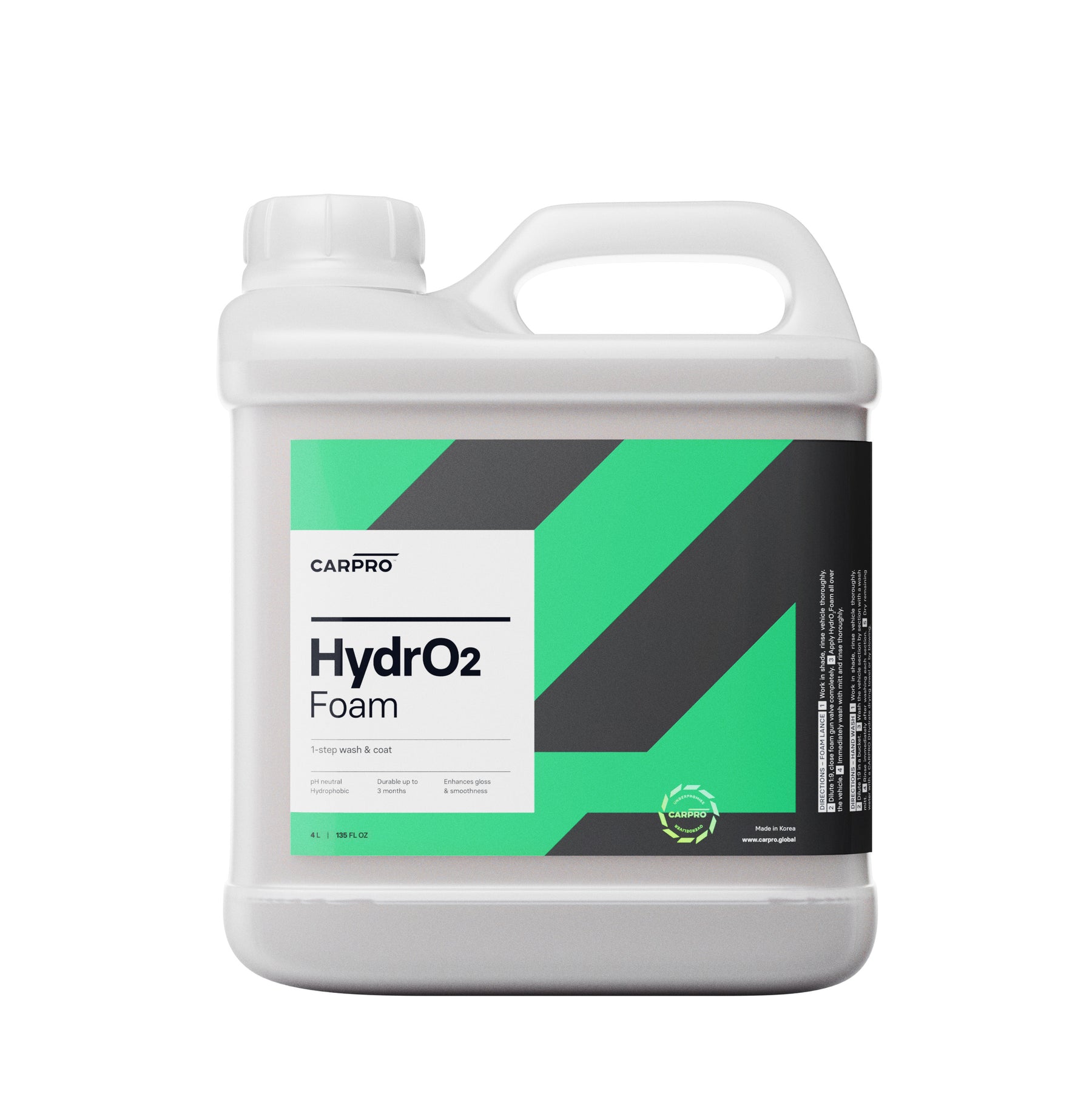 flacone di CARPRO HydrO2 Foam, un detergente e sigillante idrofobico per la protezione della carrozzeria dell'auto. Il flacone è nero con un'etichetta bianca e verde, e il nome del prodotto "HydrO2 Foam" è chiaramente visibile. Questo prodotto offre una protezione avanzata con applicazione rapida, garantendo una finitura brillante e duratura.