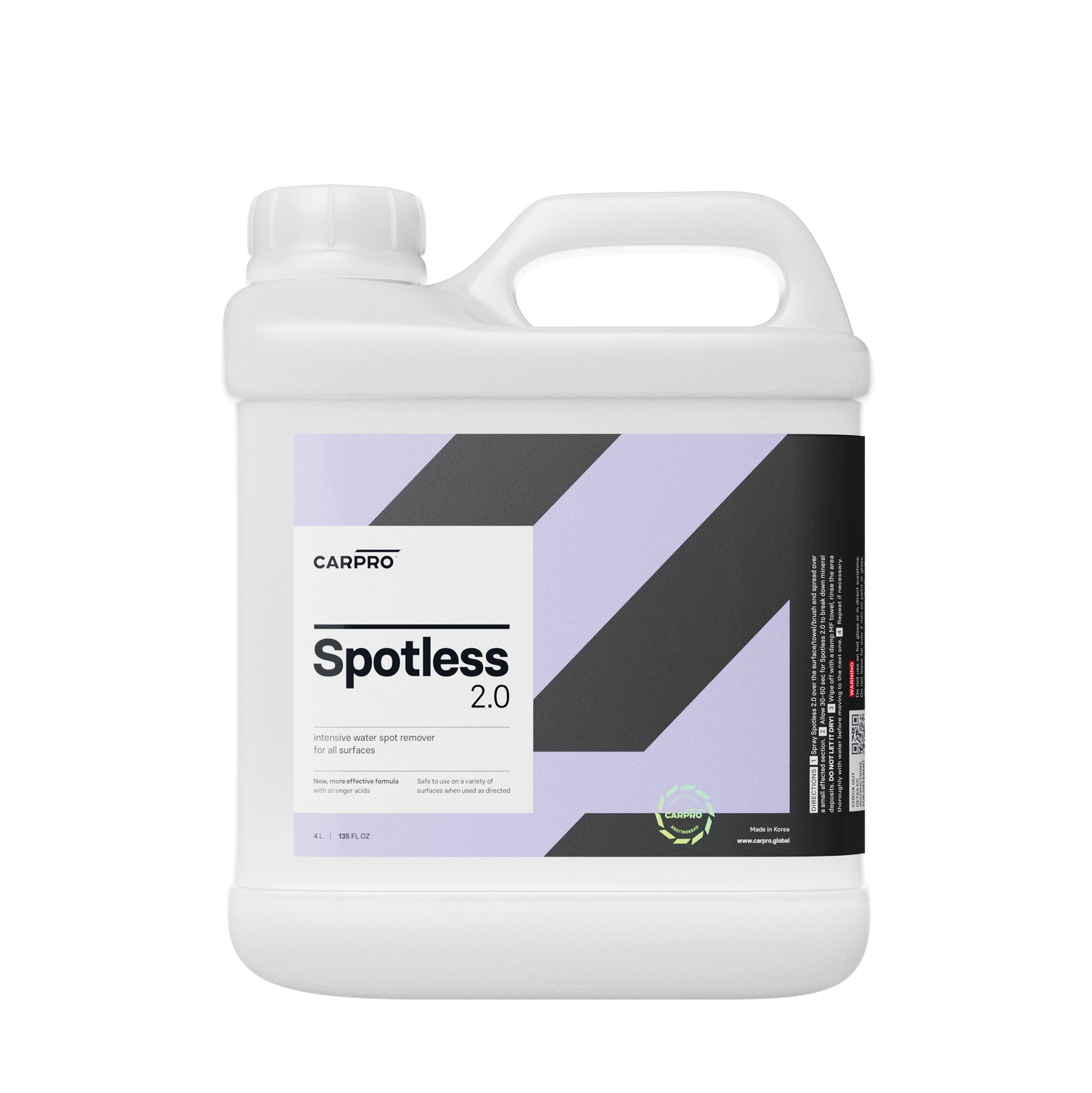 Tanica di CARPRO Spotless 2.0 detergente per rimozione macchie di calcare, con etichetta bianca e viola, su sfondo bianco.