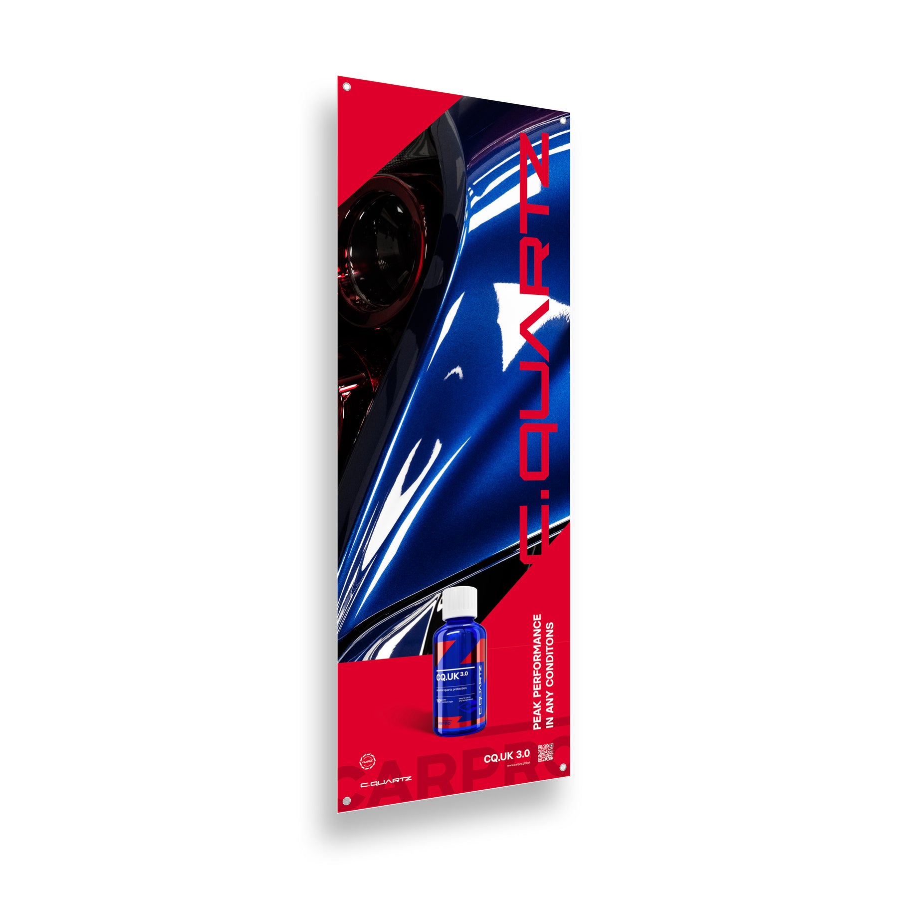 Banner promozionale CARPRO C.QUARTZ UK, con un flacone di rivestimento ceramico in primo piano e un'immagine di un'auto lucida sullo sfondo, evidenziando le alte prestazioni del prodotto in tutte le condizioni.