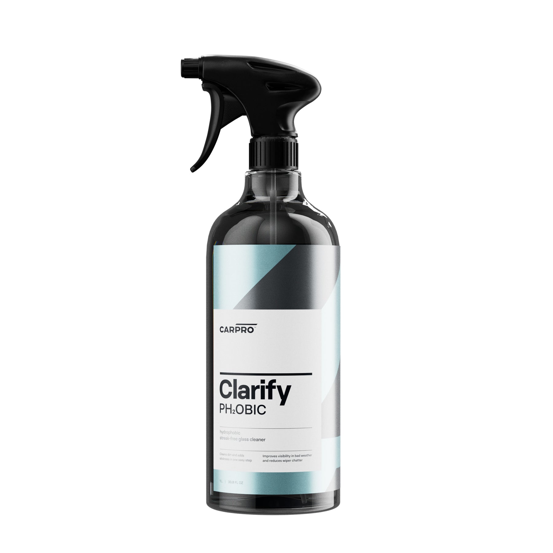 Flacone di detergente per vetri CARPRO Clarify PH2OBIC con spruzzatore nero.