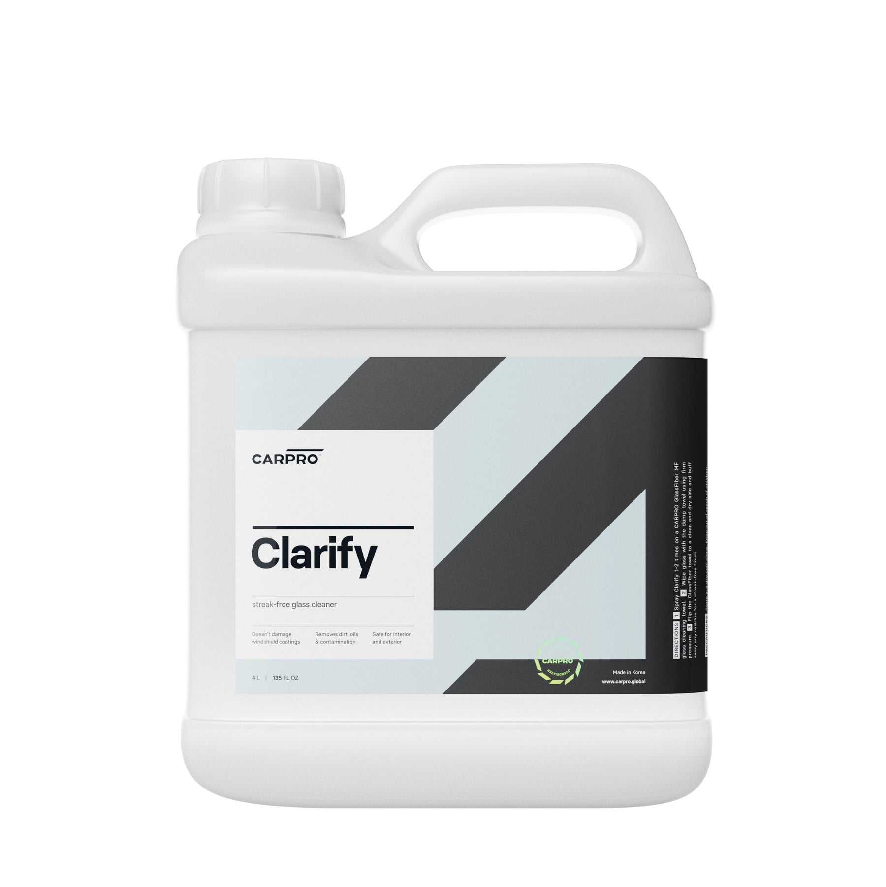Tanica da 4 litri di CARPRO Clarify, un detergente avanzato per vetri senza aloni, ideale per una pulizia profonda e una visibilità cristallina su grandi superfici.