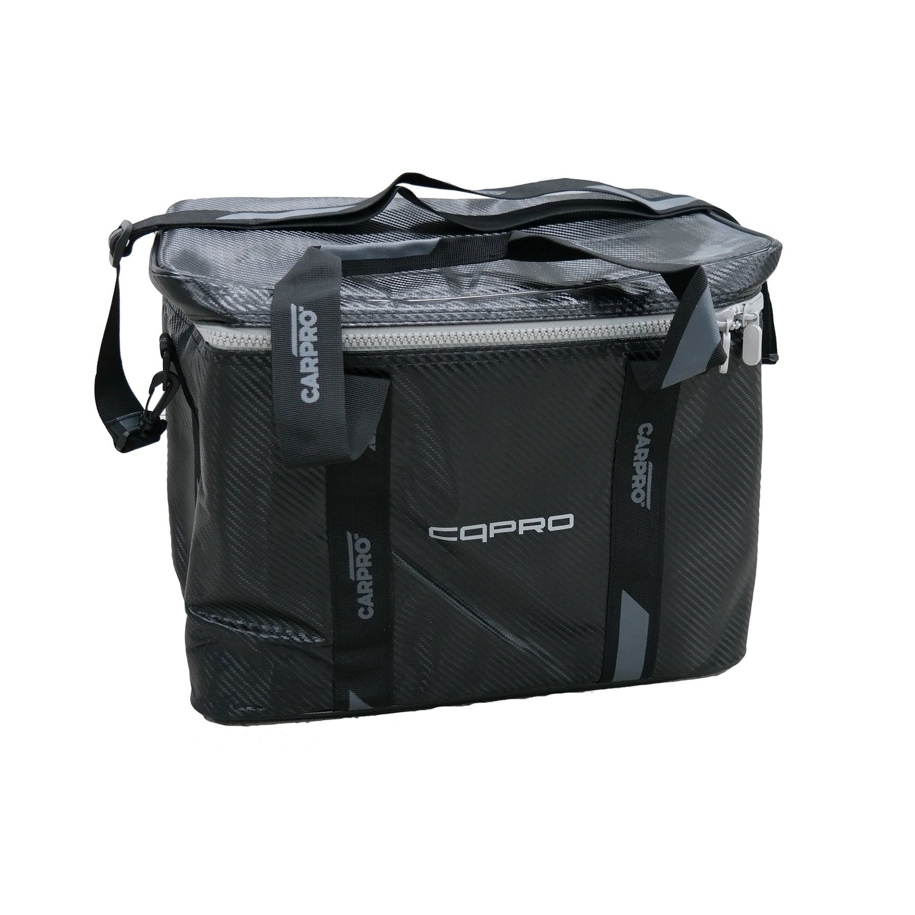 Borsa nera CARPRO CQPRO con zip argentata e maniglie nere, ideale per la manutenzione completa del veicolo.