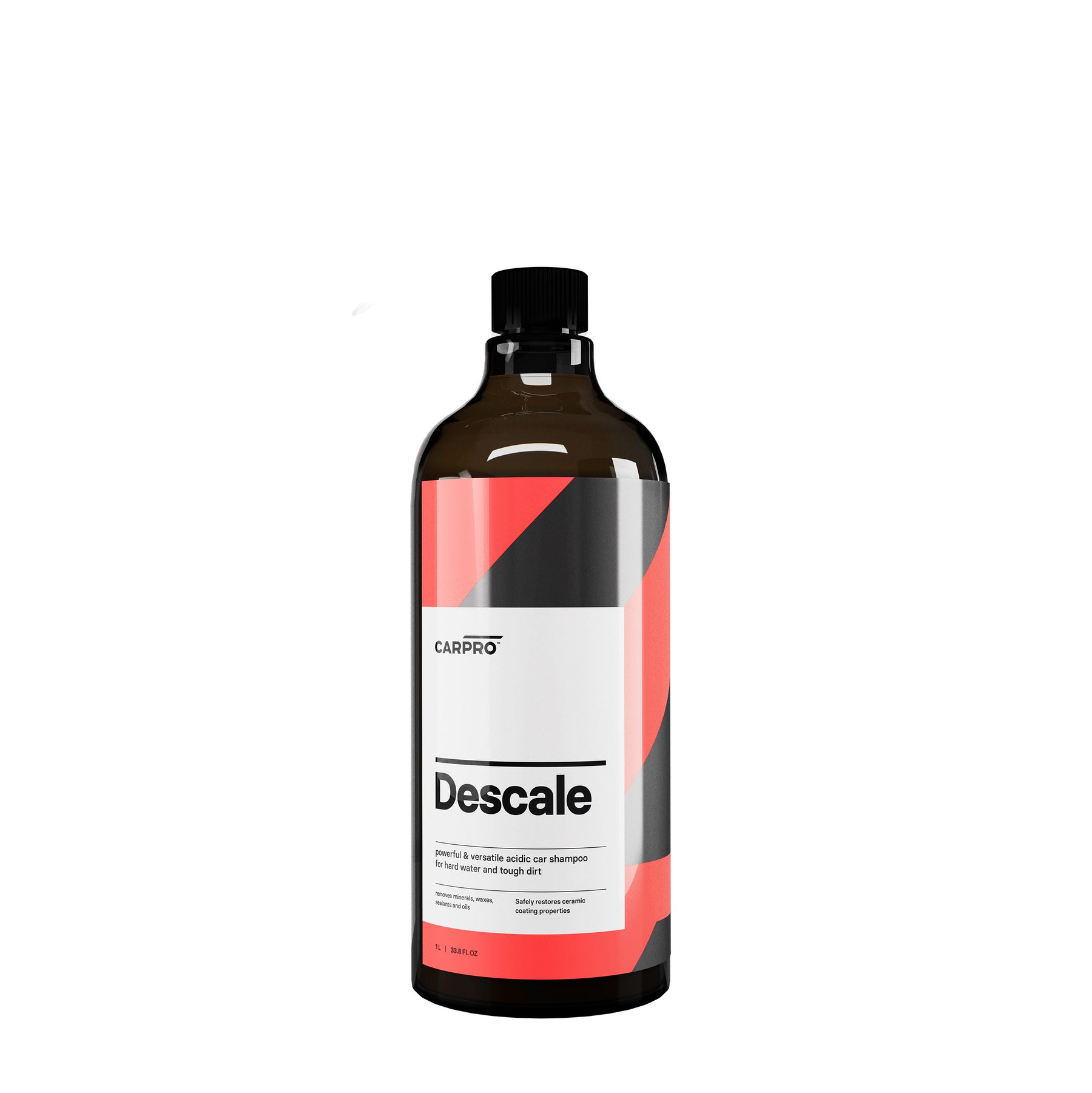 Flacone di CARPRO Descale su sfondo bianco, detergente potente per rimuovere calcare e macchie d'acqua dalla superficie del veicolo.