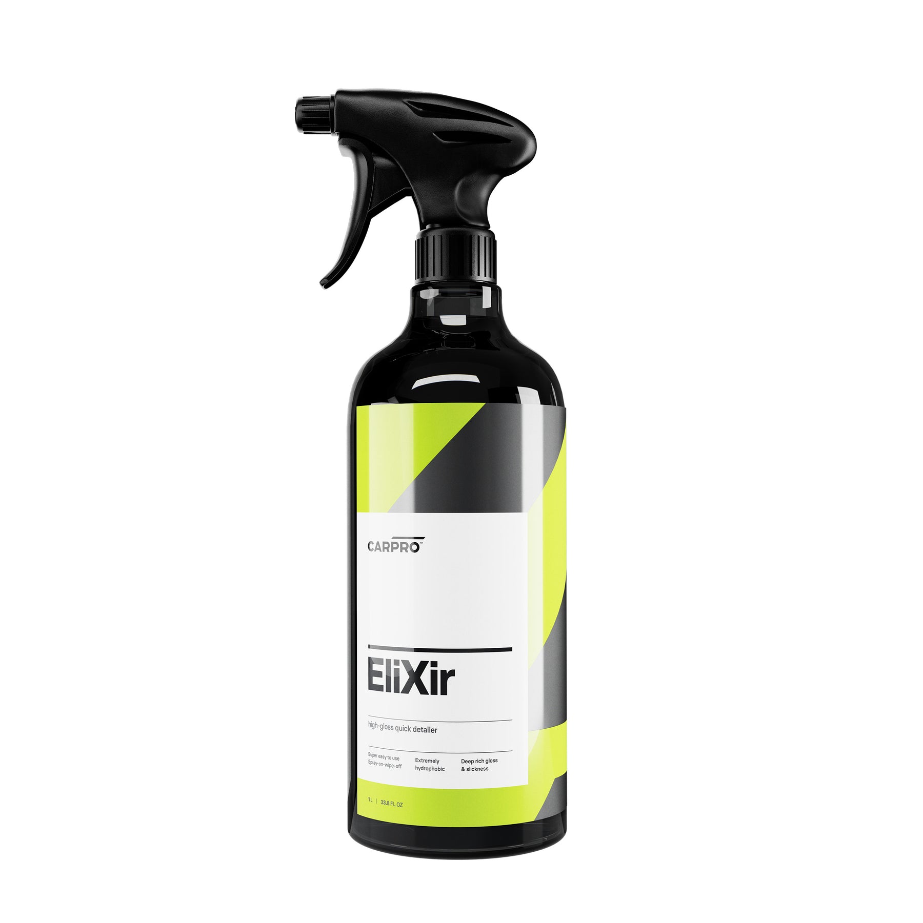 Flacone di CARPRO EliXir su sfondo bianco, quick detailer a base di silice per una finitura brillante e protezione superiore del veicolo.