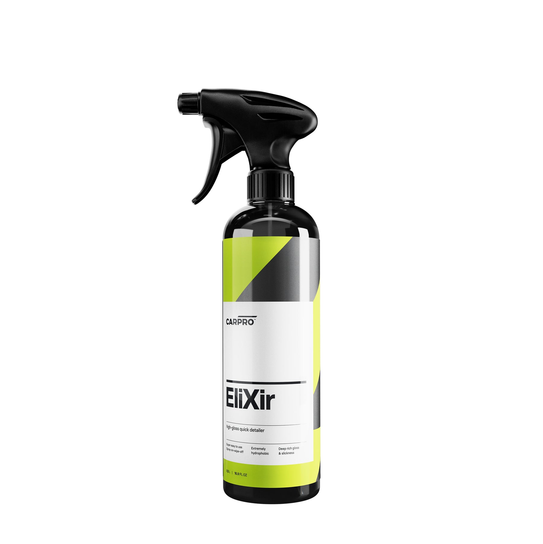 Flacone di CARPRO EliXir su sfondo bianco, quick detailer a base di silice per una finitura brillante e protezione superiore del veicolo.