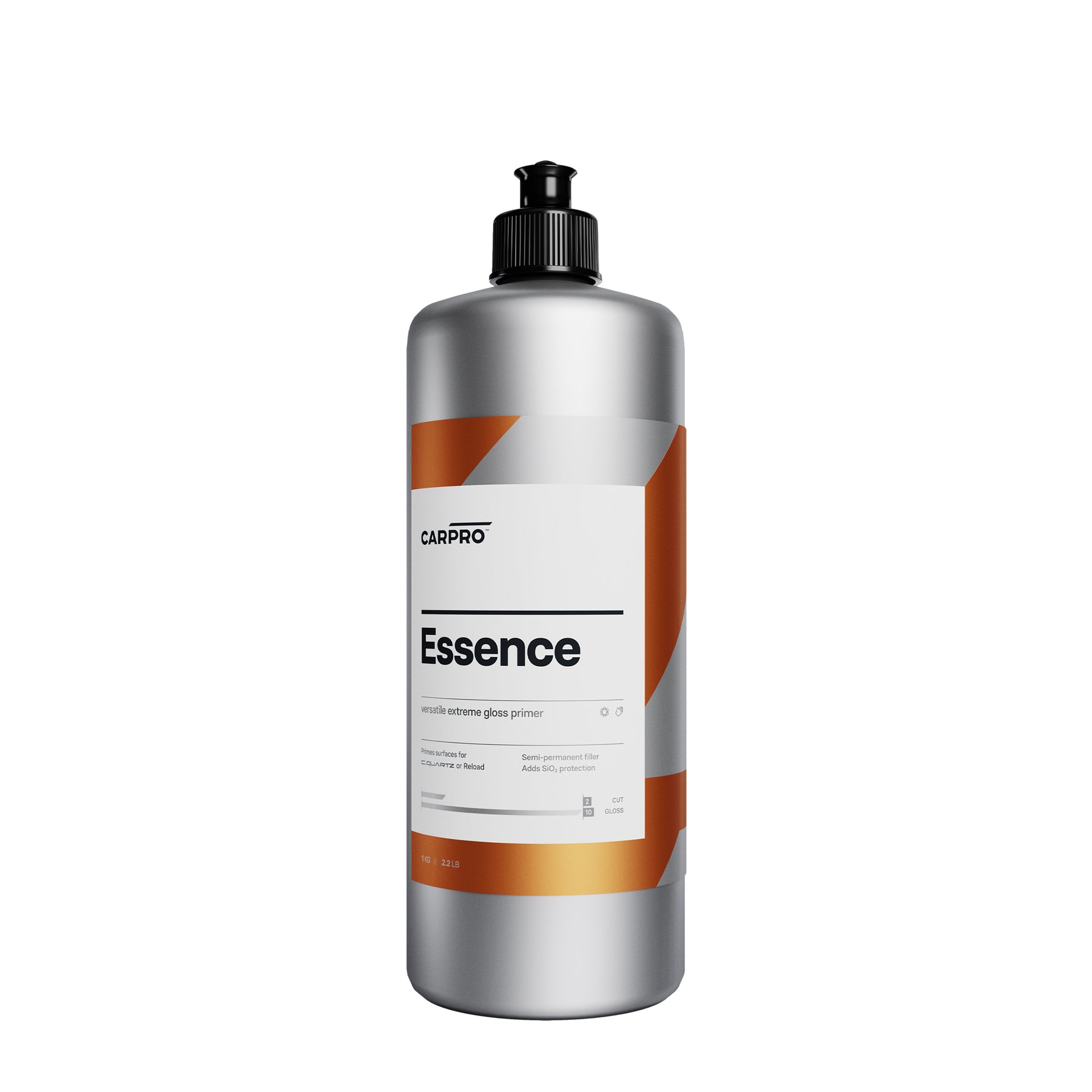 Flacone di CARPRO Essence su sfondo bianco, polish avanzato con primer integrato per una finitura impeccabile e preparazione della superficie del veicolo.