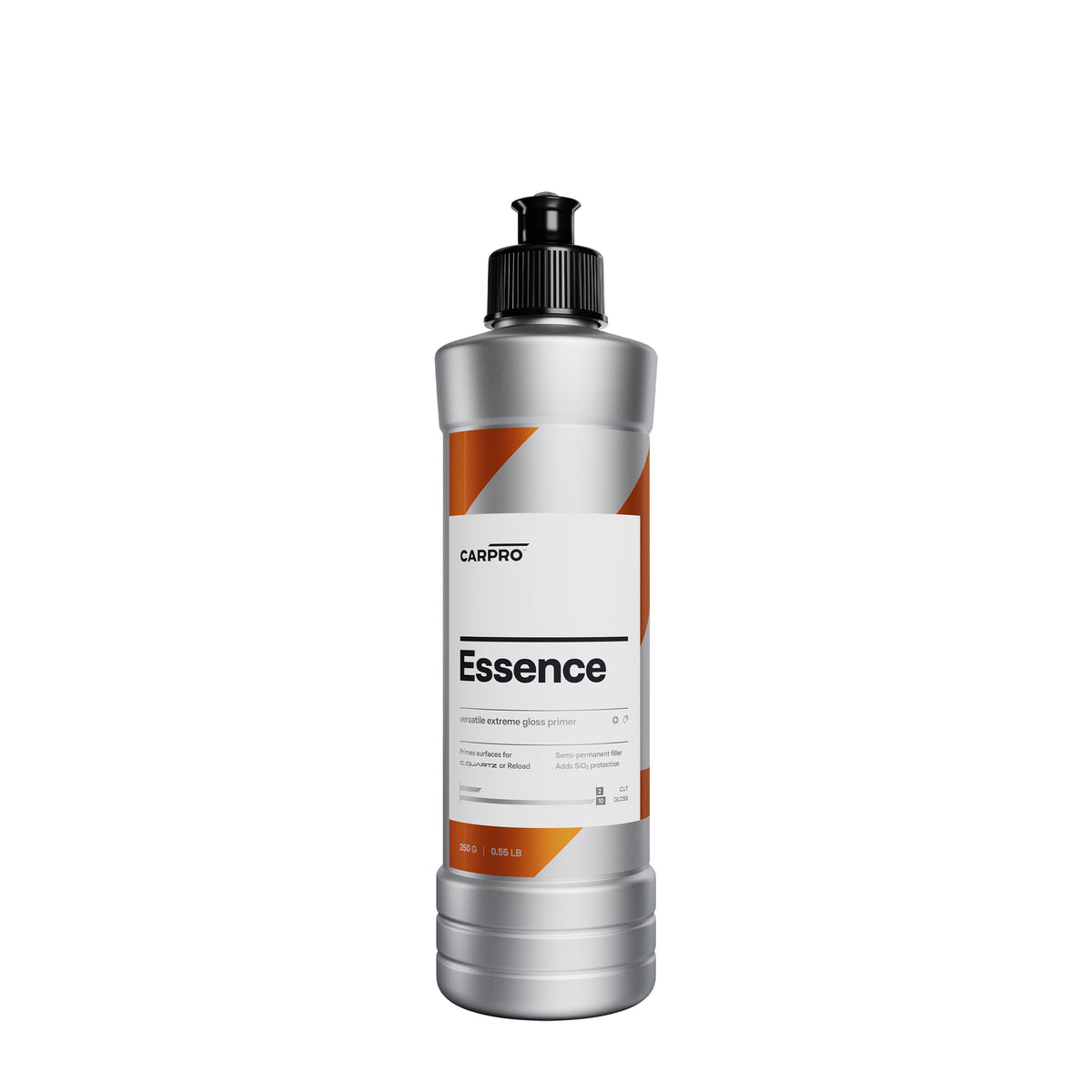 Flacone di CARPRO Essence su sfondo bianco, polish avanzato con primer integrato per una finitura impeccabile e preparazione della superficie del veicolo.