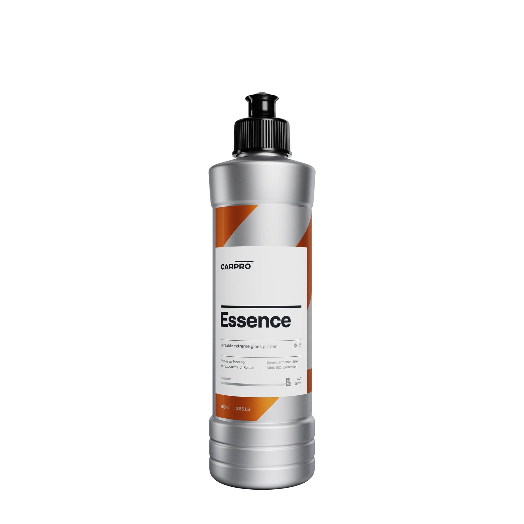 Flacone di CARPRO Essence su sfondo bianco, polish avanzato con primer integrato per una finitura impeccabile e preparazione della superficie del veicolo.