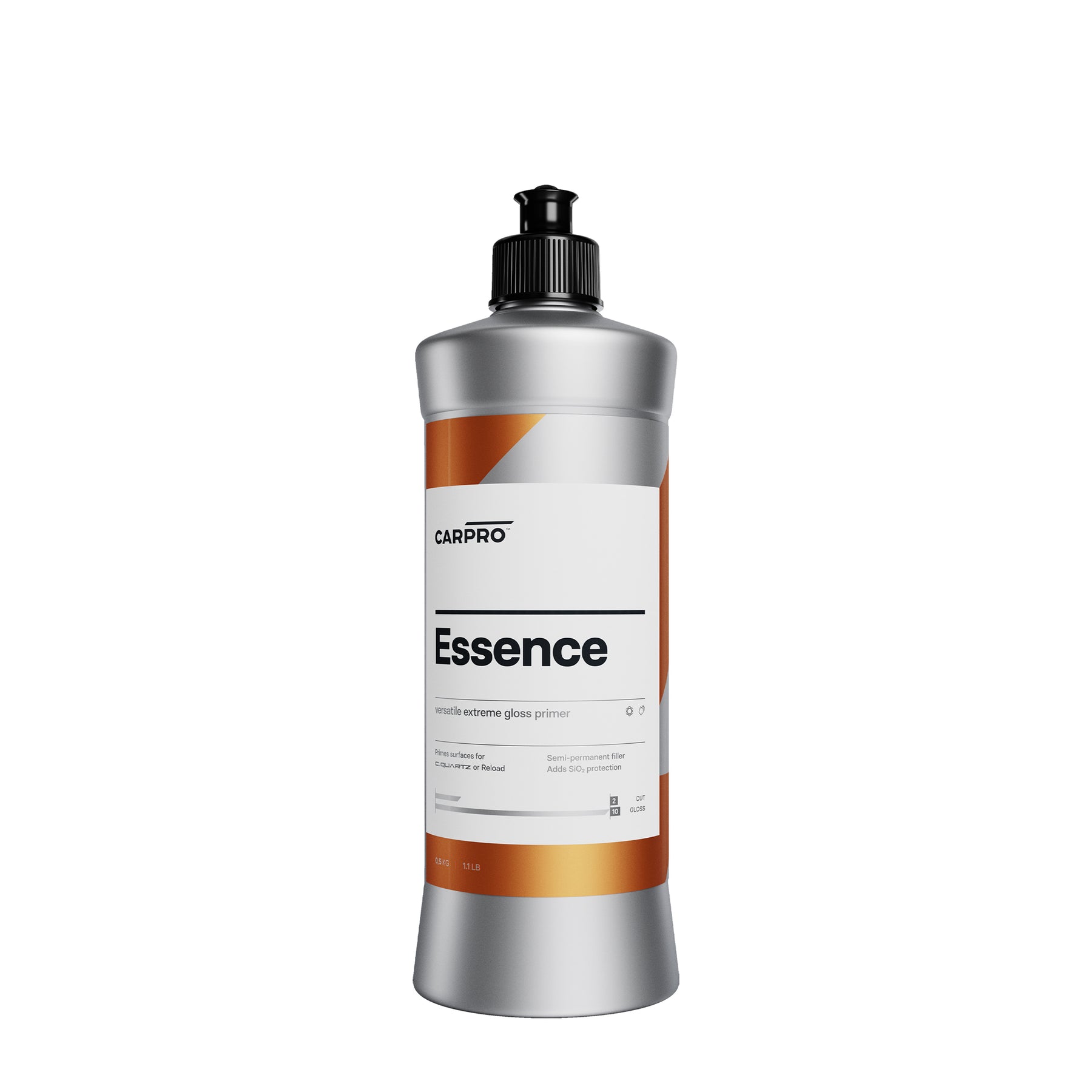 Flacone di CARPRO Essence su sfondo bianco, polish avanzato con primer integrato per una finitura impeccabile e preparazione della superficie del veicolo.