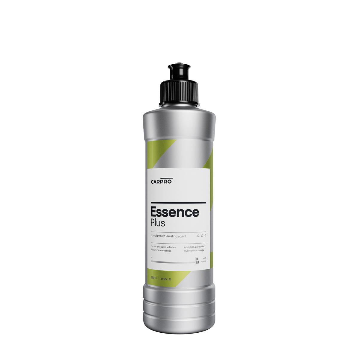 Flacone di CARPRO Essence Plus su sfondo bianco, ideale per ripristinare e proteggere la lucentezza della vernice del veicolo con una finitura brillante e duratura.