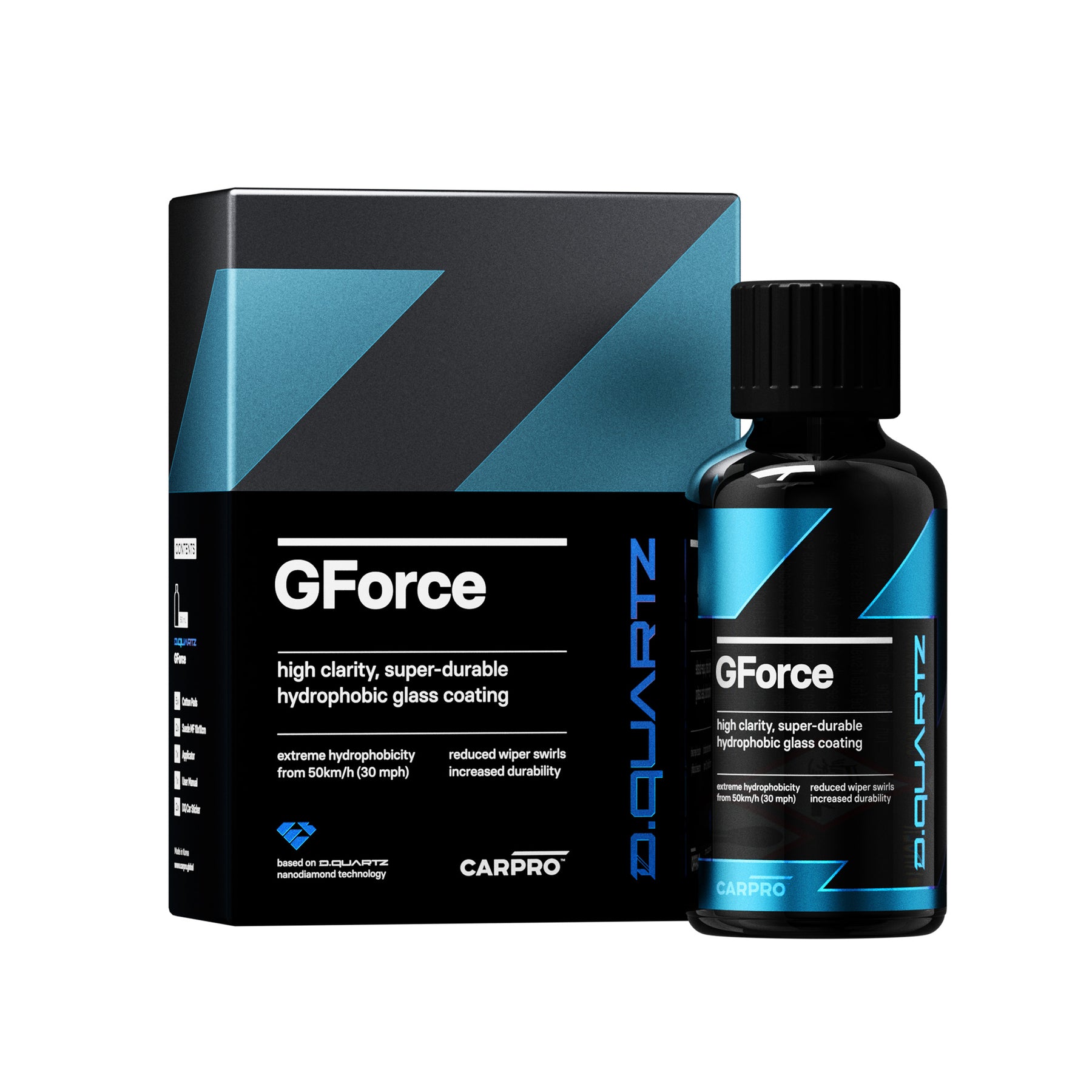 Flacone e confezione di CARPRO D.QUARTZ GForce su sfondo bianco, rivestimento nano-ceramico idrofobico per una protezione avanzata e duratura del veicolo.